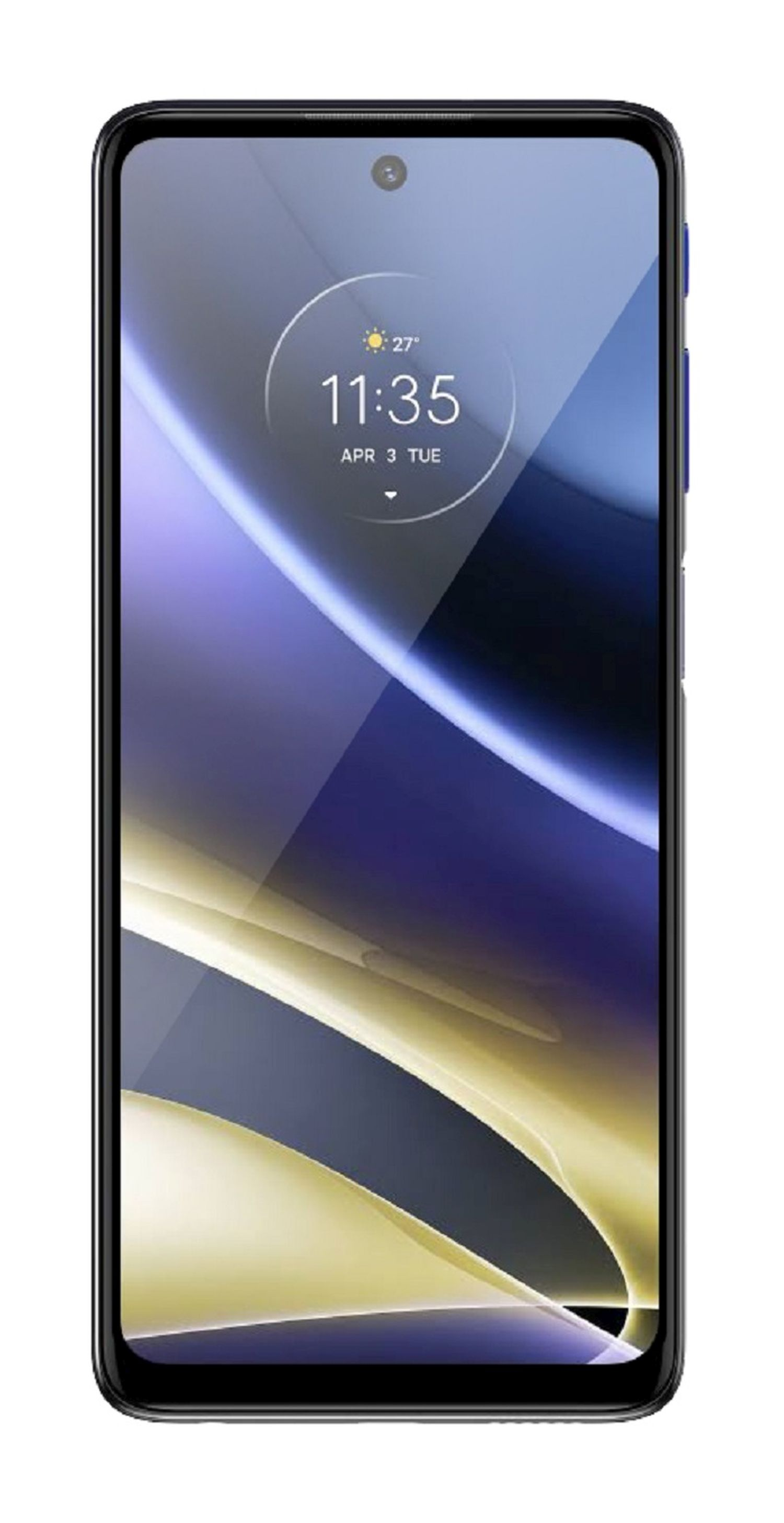 Ein schwarzes Smartphone mit großem Bildschirm, der eine Oberfläche anzeigt. Datum und Uhrzeit werden oben angezeigt.