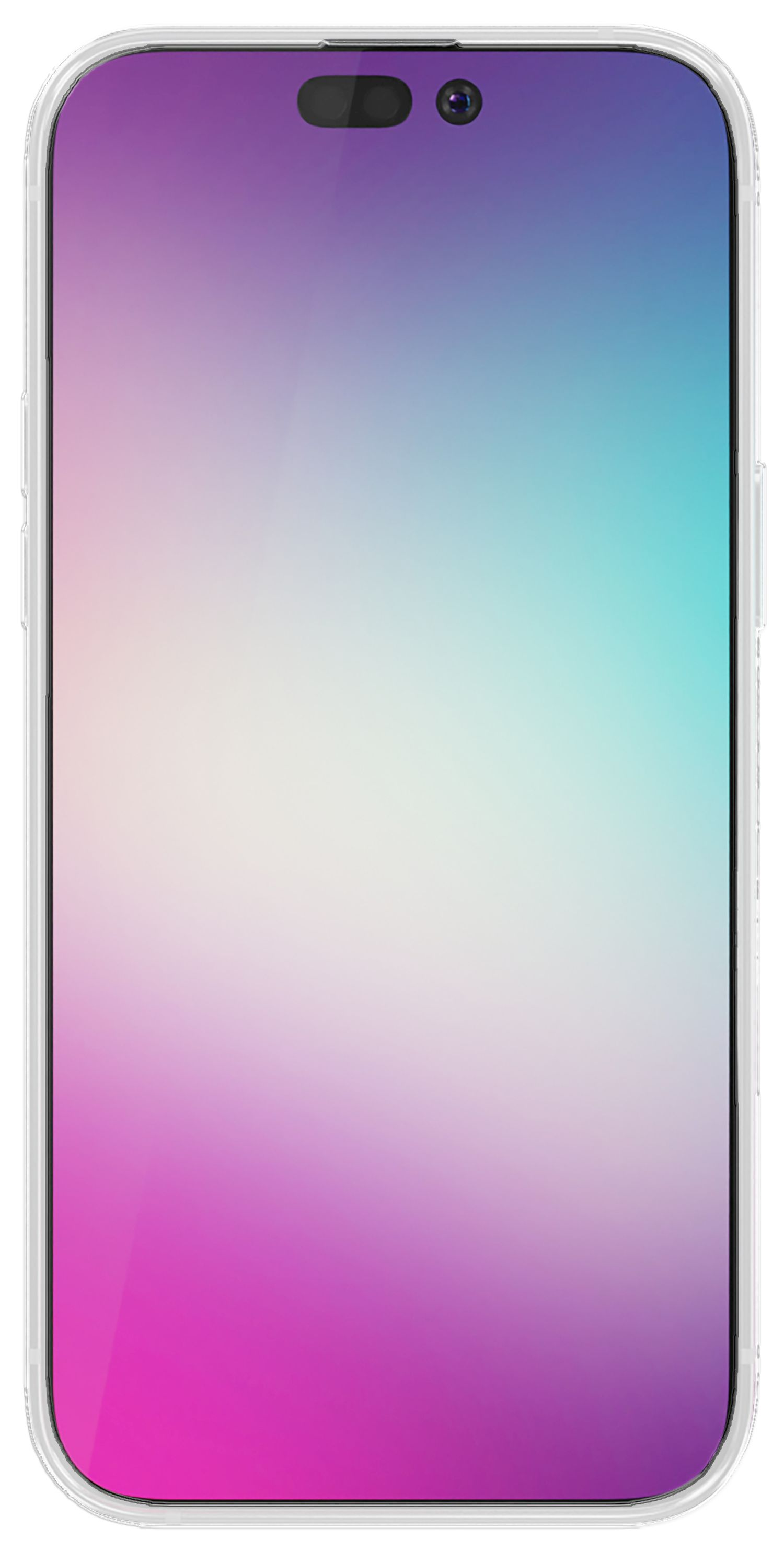 Ein Smartphone mit einer durchsichtigen Hülle. Der Bildschirm zeigt einen Farbverlauf aus Lila, Weiß und Blau.