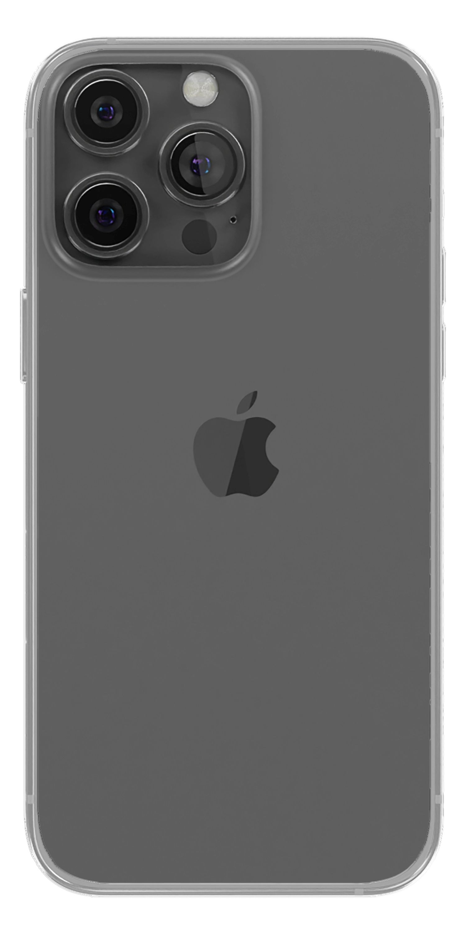 Die Rückseite eines Telefons mit durchsichtiger Hülle, die Kamera und Apple-Logo zeigt.
