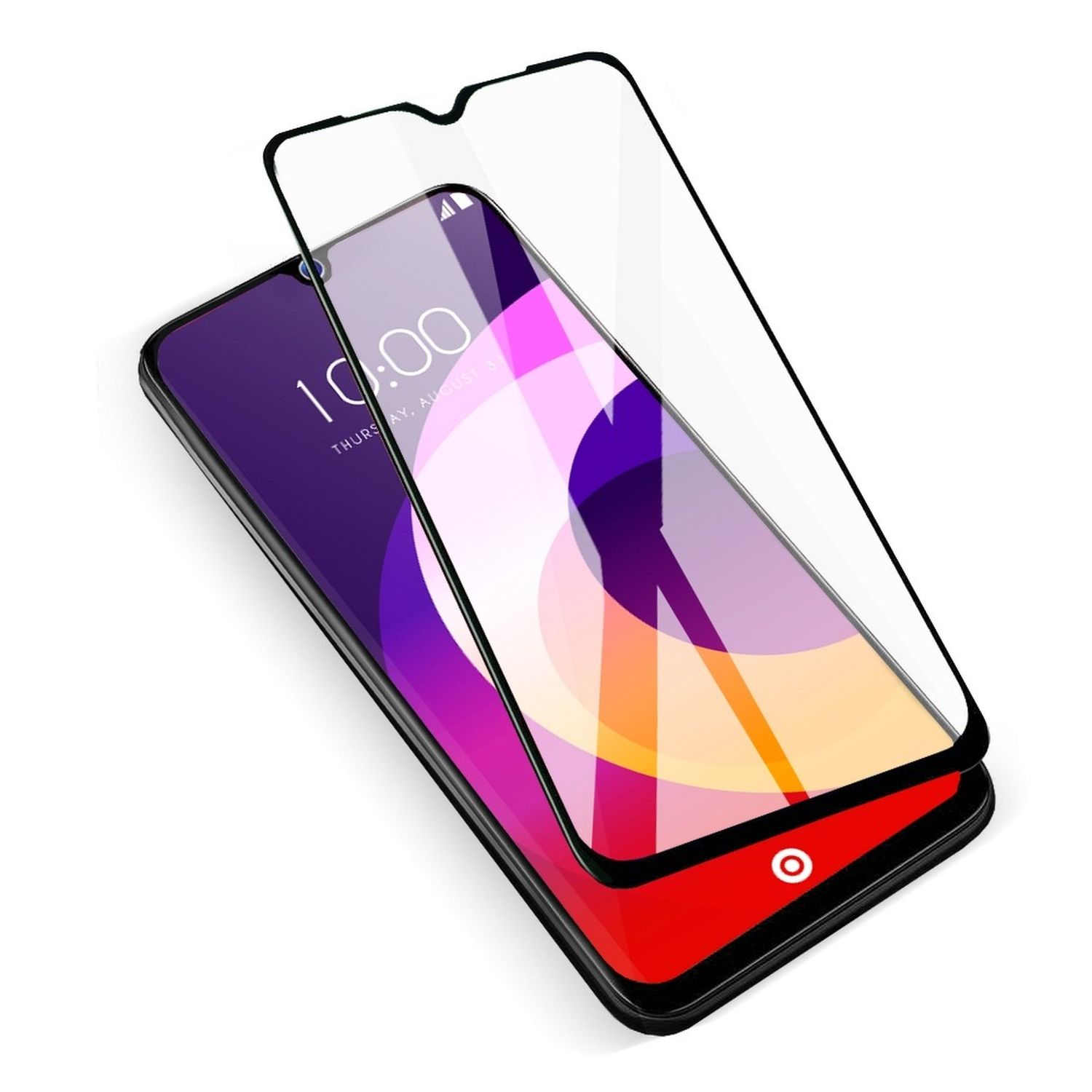 Ein Smartphone mit Displayschutz oben auf einem anderen Smartphone, schräge Ansicht. Uhrzeit ist 10:00 Uhr.