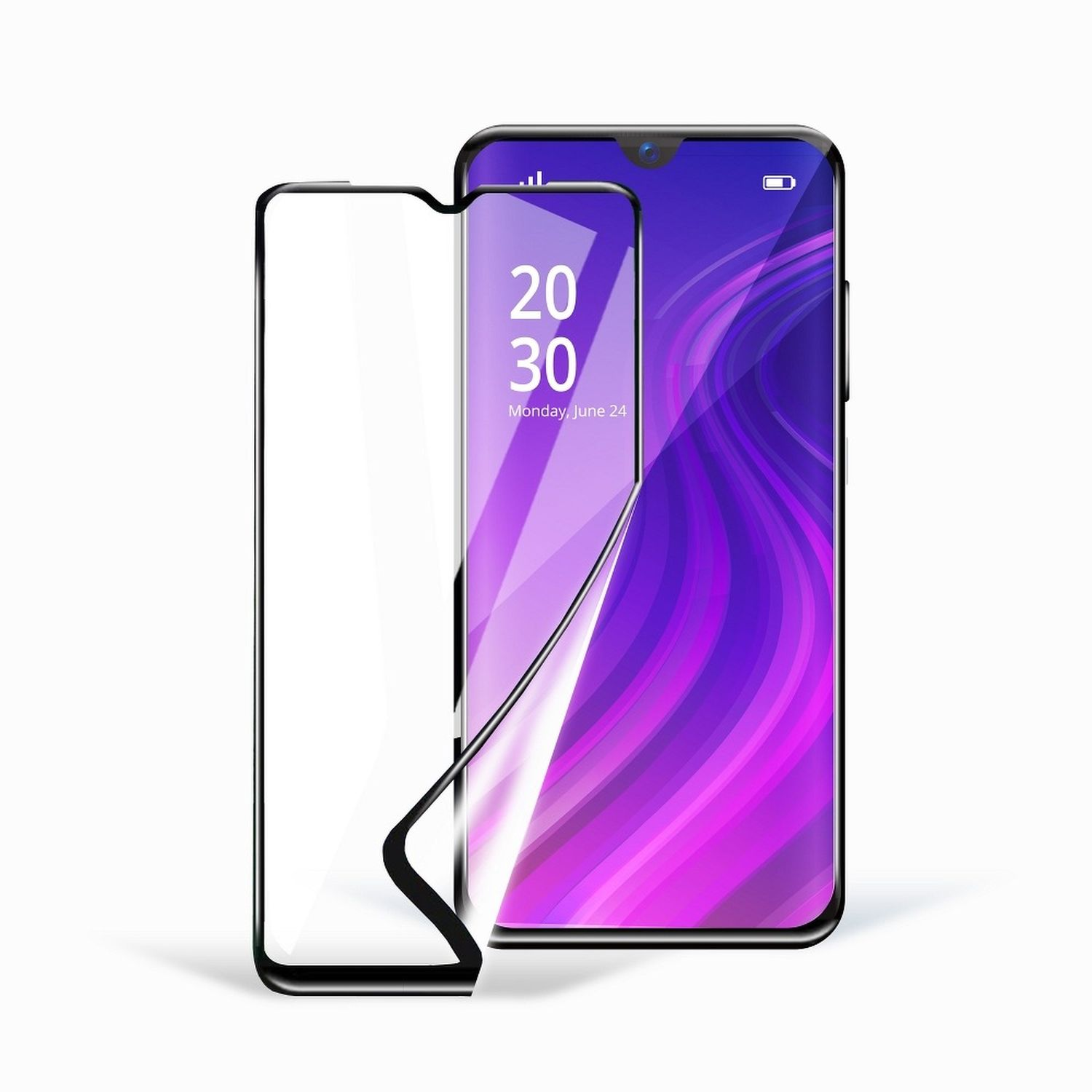 Smartphone mit Displayschutz und lila Hintergrund. Das Telefon zeigt Datum und Uhrzeit.