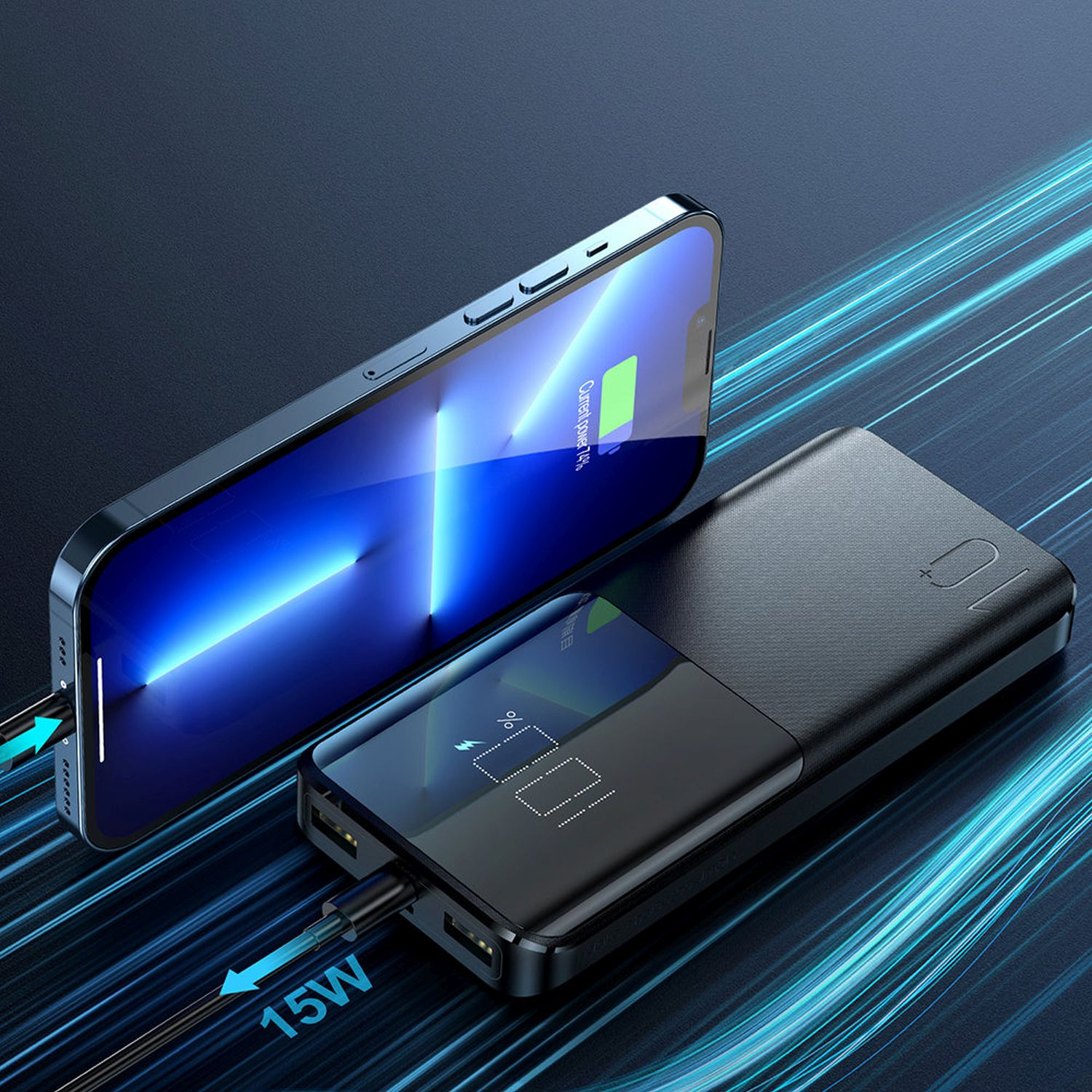 Telefon, das drahtlos auf einer schwarzen Powerbank geladen wird, mit blauen Energielinien.