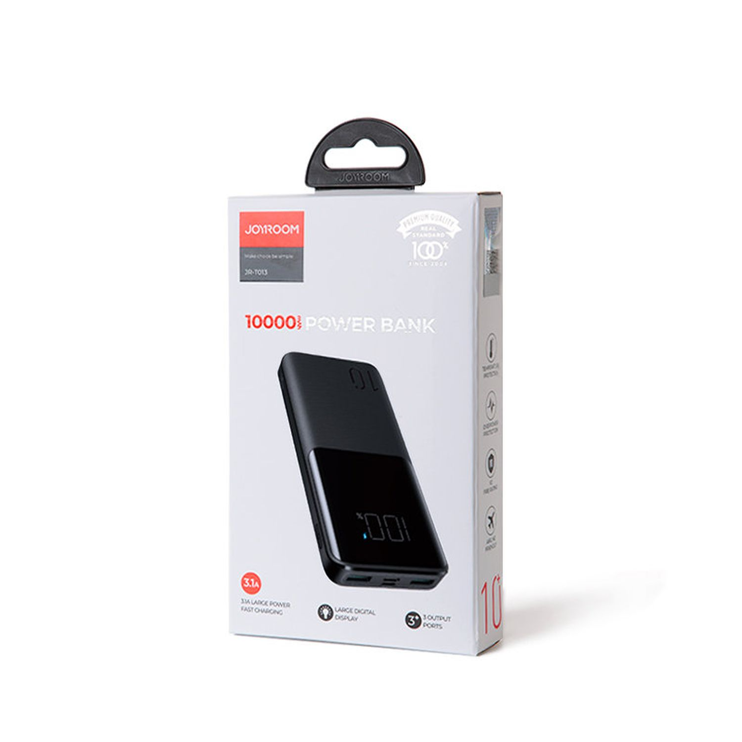 Weiße Box mit einem schwarzen Powerbank-Bild. Es hat einen schwarzen Griff und Text darauf.