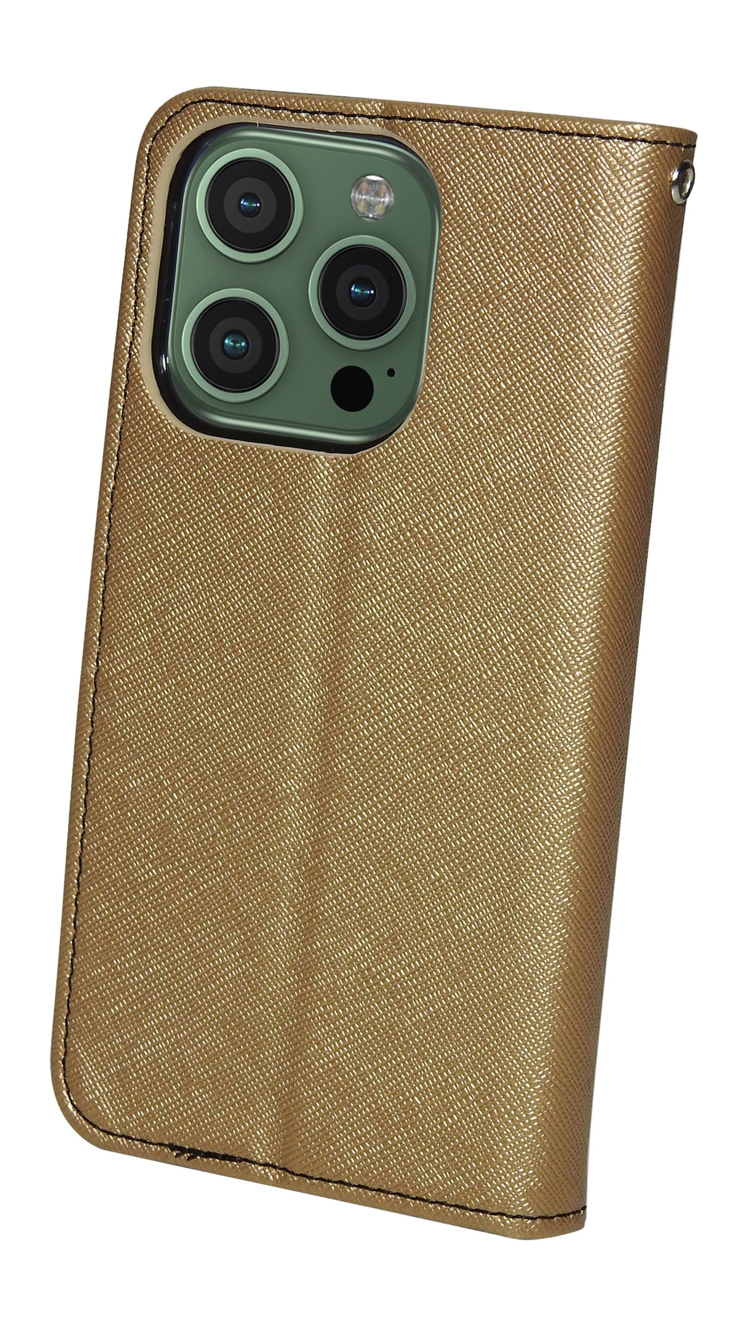 Eine goldene Handyhülle mit einem Telefon mit drei Kameras. Es ist eine Brieftaschenhülle.