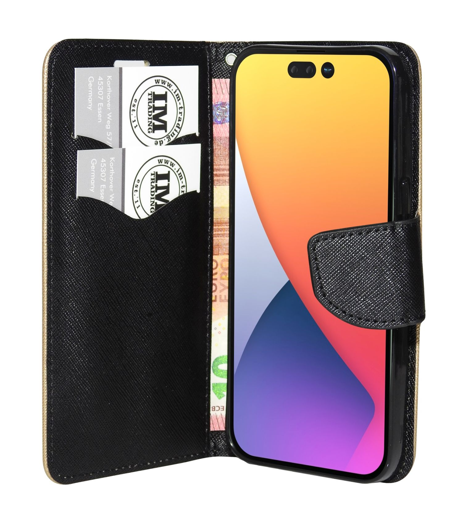 Schwarze Handyhülle mit einem Handy darin, offen. Das Telefon hat einen bunten Hintergrund.