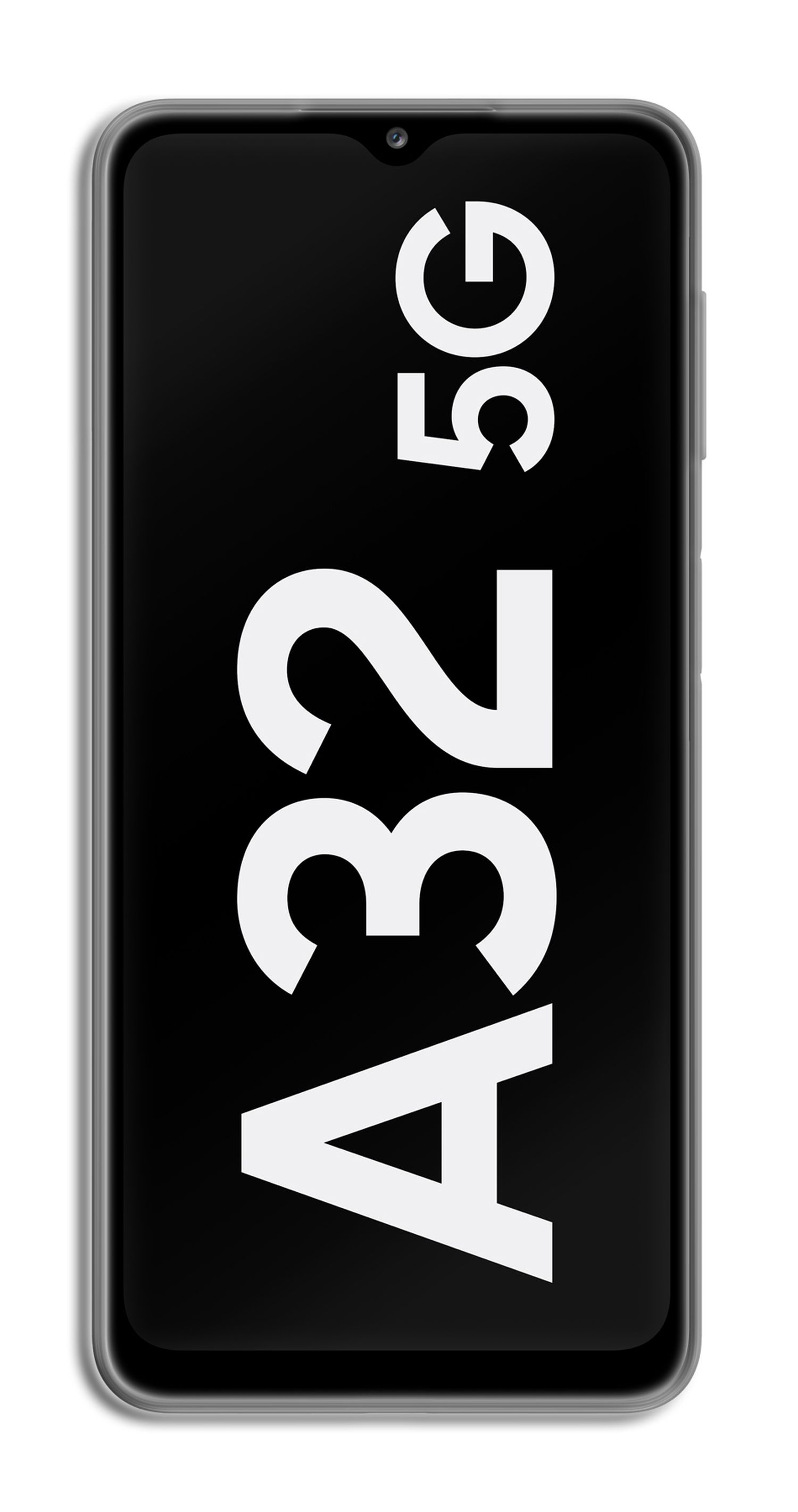 Schwarzes Smartphone mit dem Text 'A32 5G' auf einem schwarzen Bildschirm.