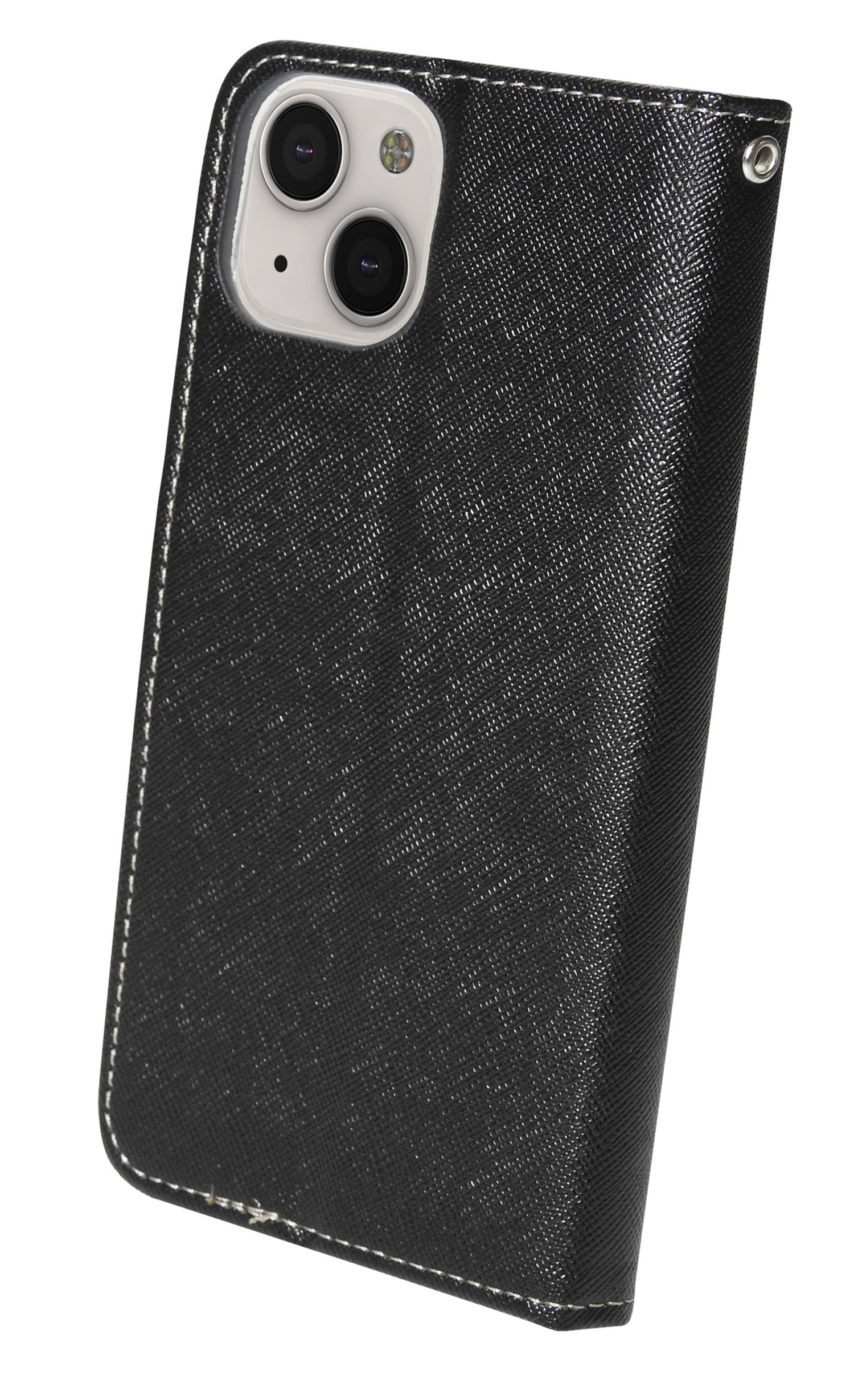 Eine schwarze Handyhülle mit weißen Nähten. Die Handyhülle ist geschlossen und auf einer weißen Oberfläche.
