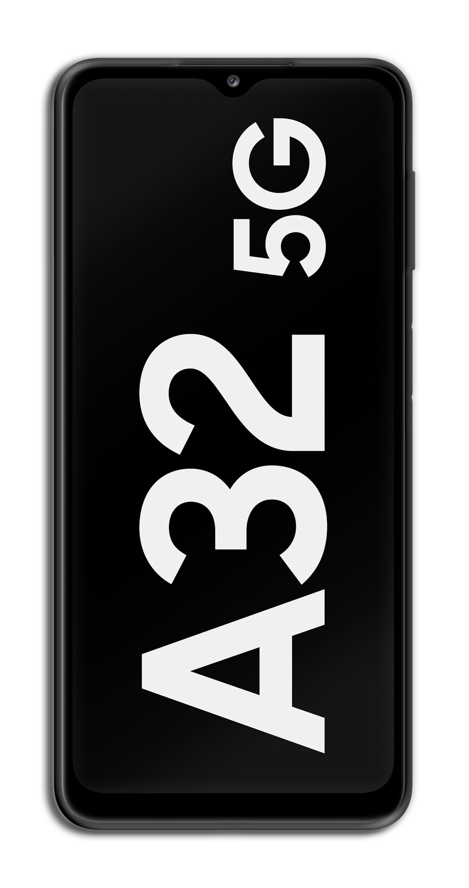 Ein schwarzes Smartphone mit dem Text 'A32 5G' in Weiß auf einem schwarzen Bildschirm.