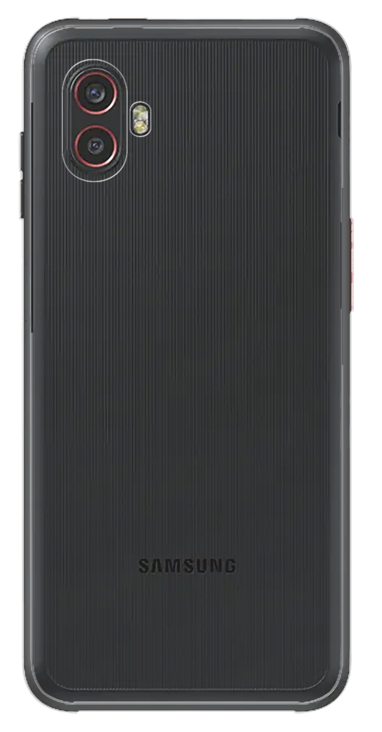 Schwarzes Telefon mit strukturierter Rückseite, zwei Kameras mit roten Ringen und dem Wort SAMSUNG. Das Telefon ist weiß.