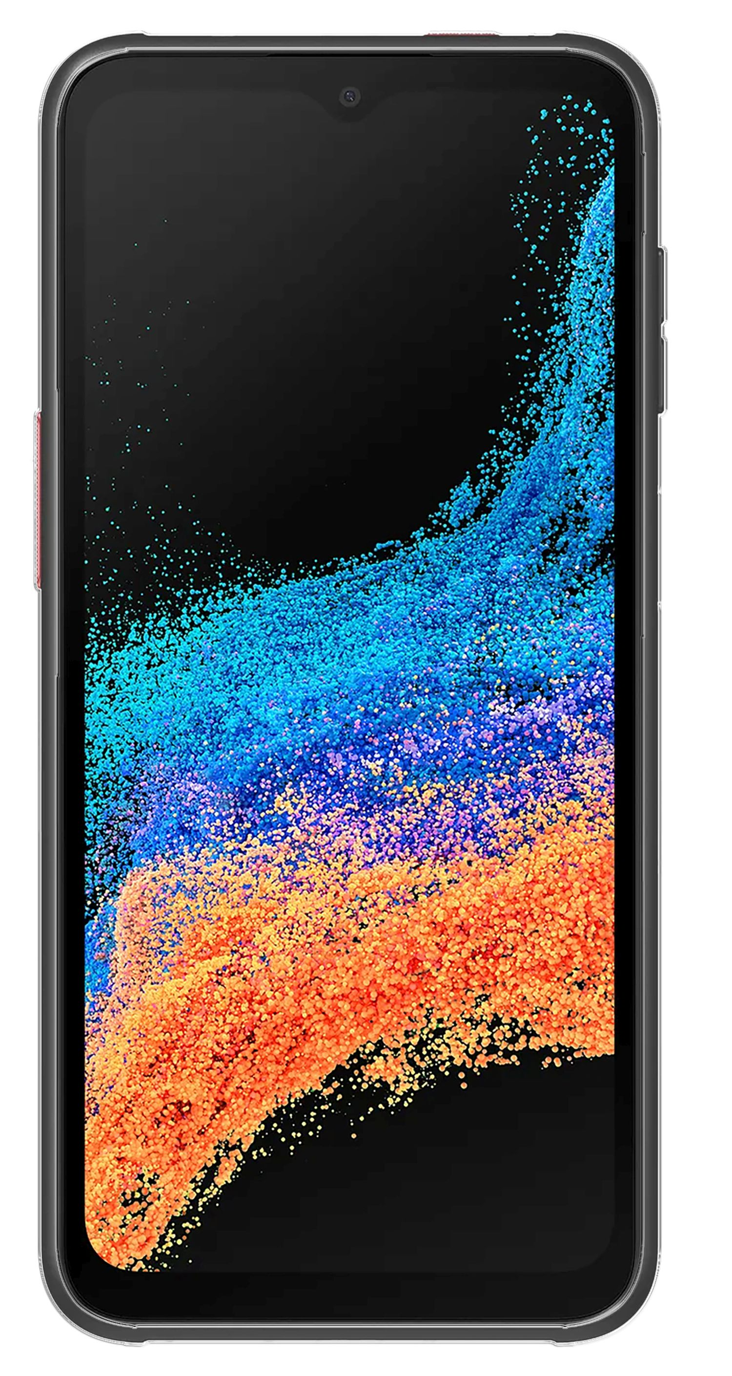 Ein schwarzes Smartphone mit einem farbenfrohen abstrakten Muster auf dem Bildschirm. Das Telefon ist in einer schwarzen Hülle.