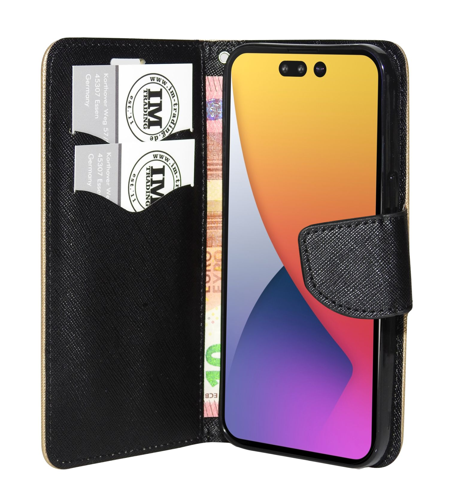 Geöffnete Handyhülle mit Telefon. Karten und Geld sind sichtbar. Schwarz-Gold-Farbschema.