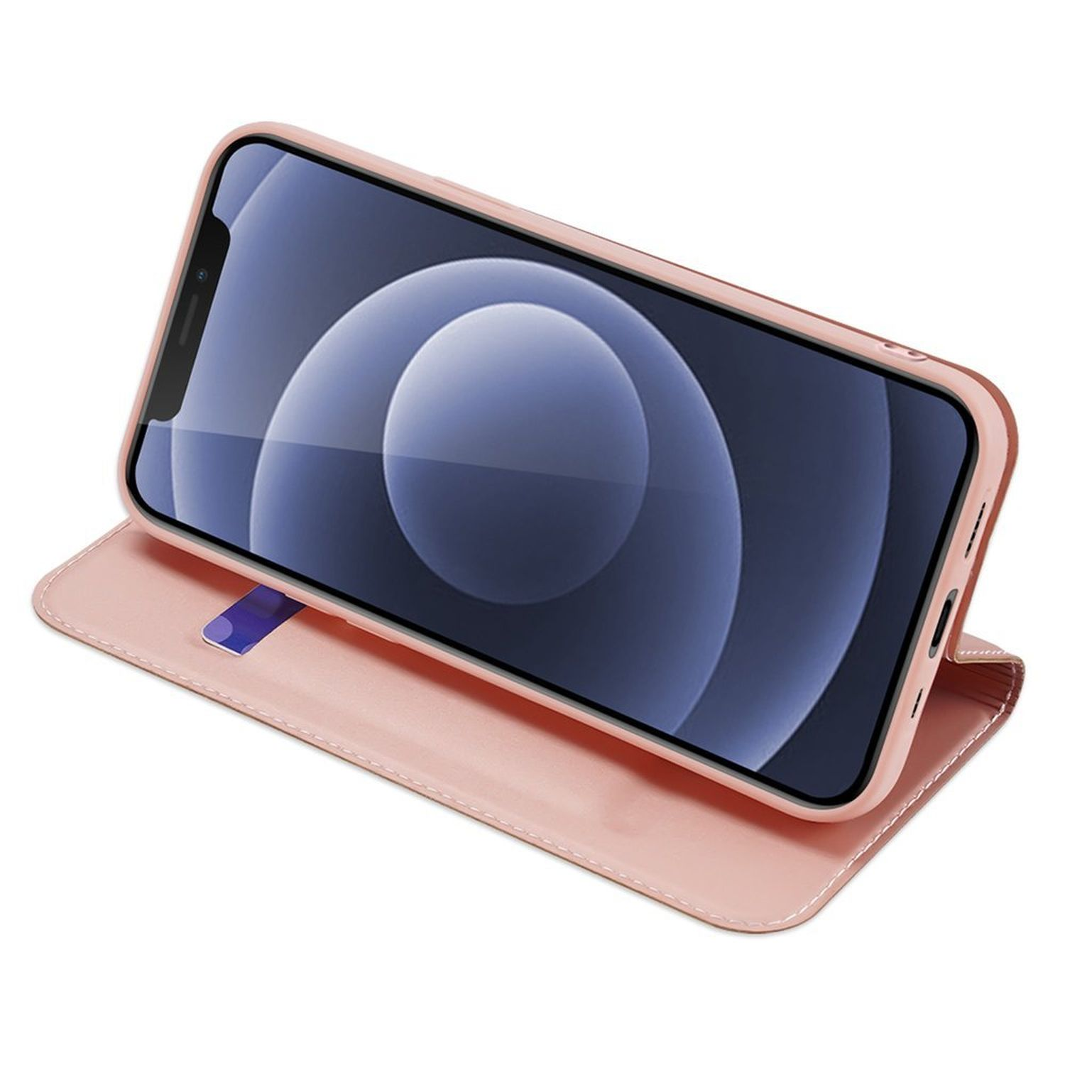 Ein rosa Telefon in einer rosa Hülle, die Hülle ist offen und zeigt den Bildschirm des Telefons.