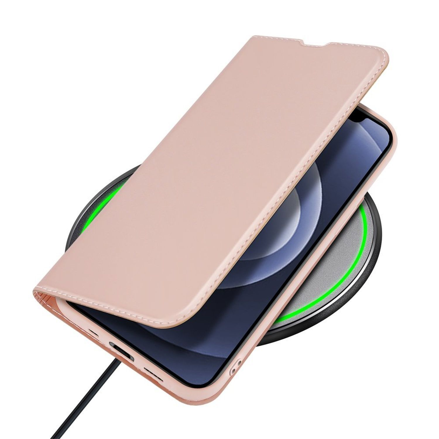 Eine pinke Handyhülle mit einem Telefon darin. Es liegt auf einem kabellosen Ladegerät.