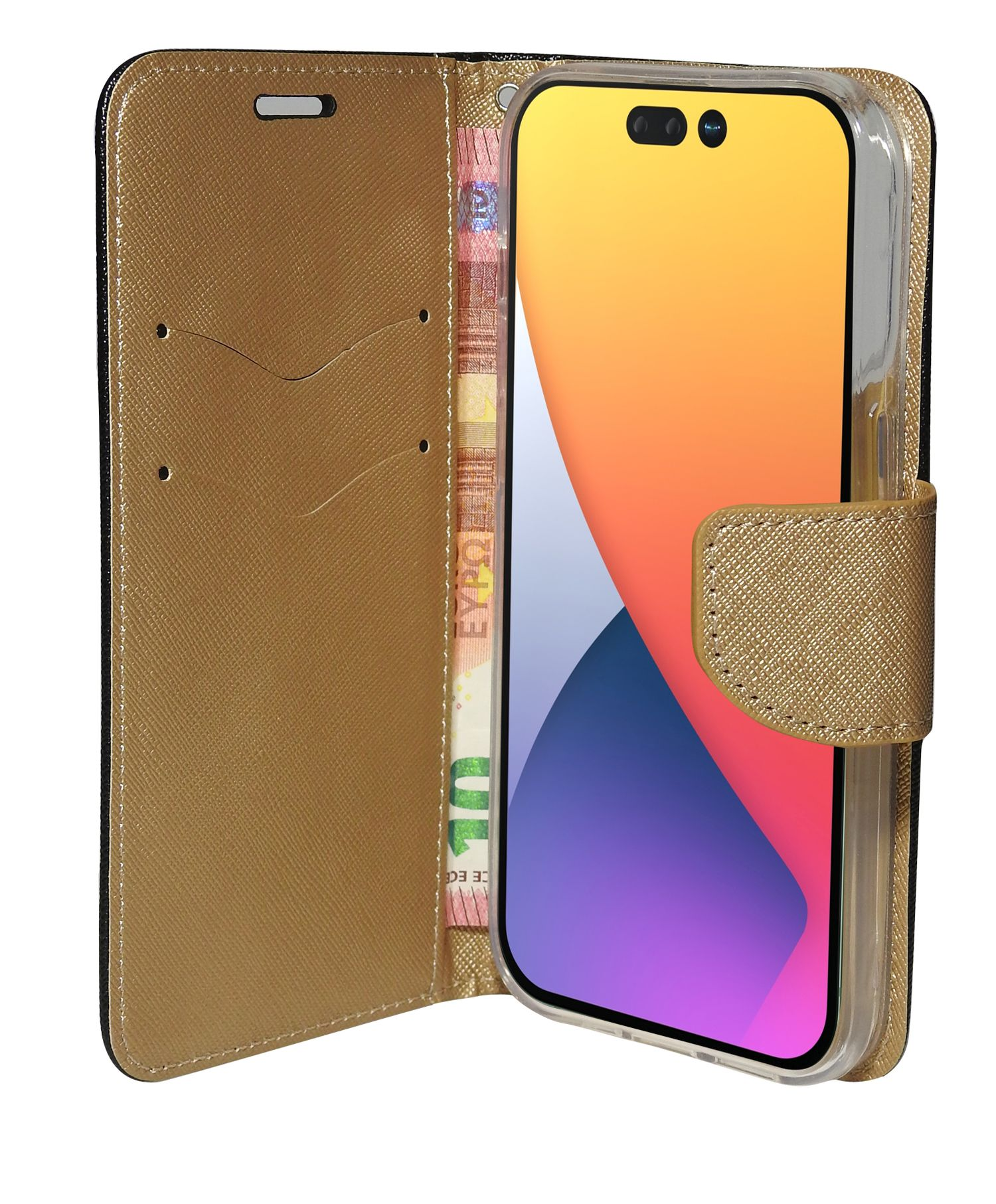 Eine goldene Handyhülle mit einem Telefon und Euroscheinen in einer Tasche. Weißer Hintergrund.