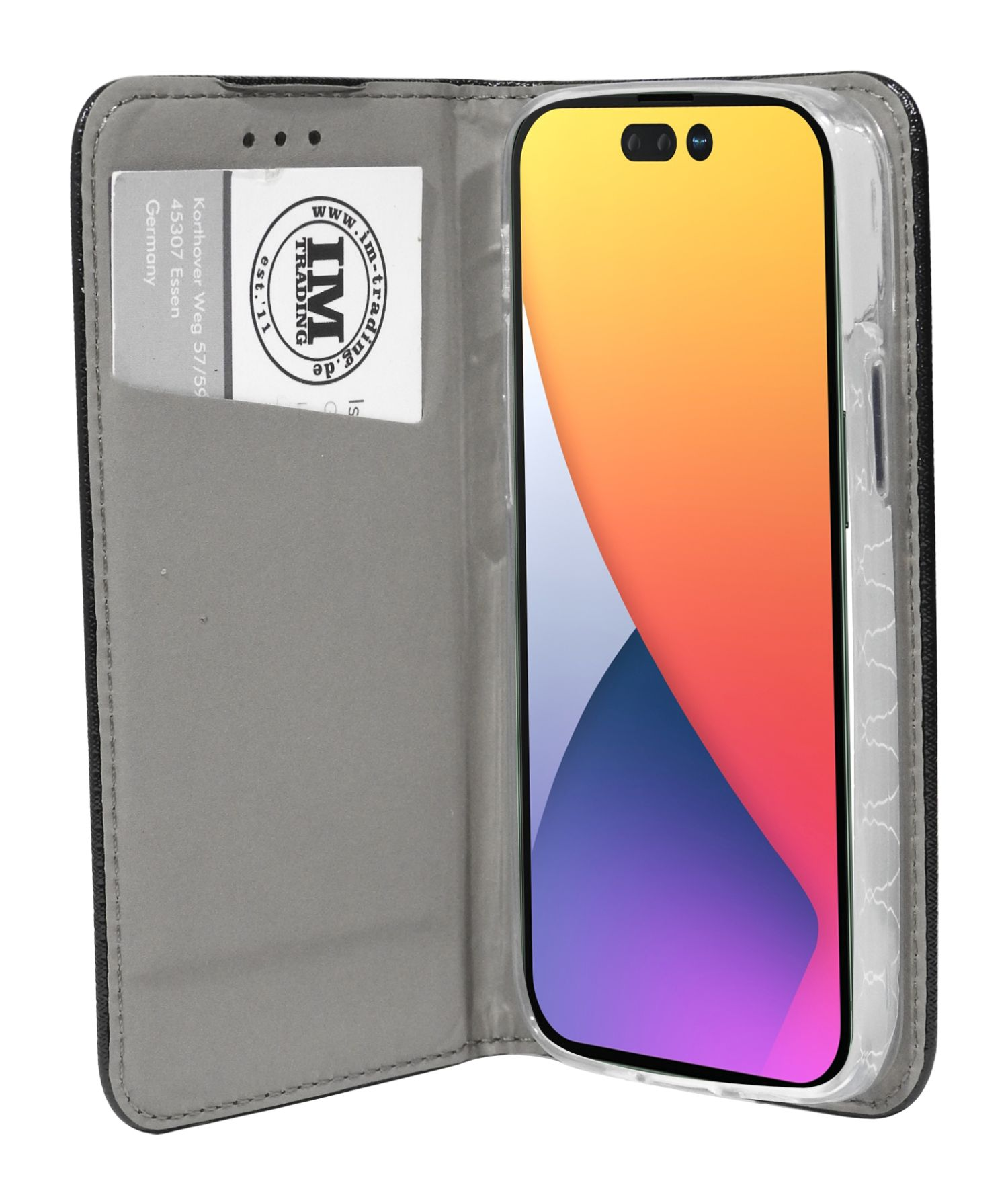 Ein Smartphone mit farbenfrohem Bildschirm, in einer offenen schwarzen Brieftaschen-Handyhülle.
