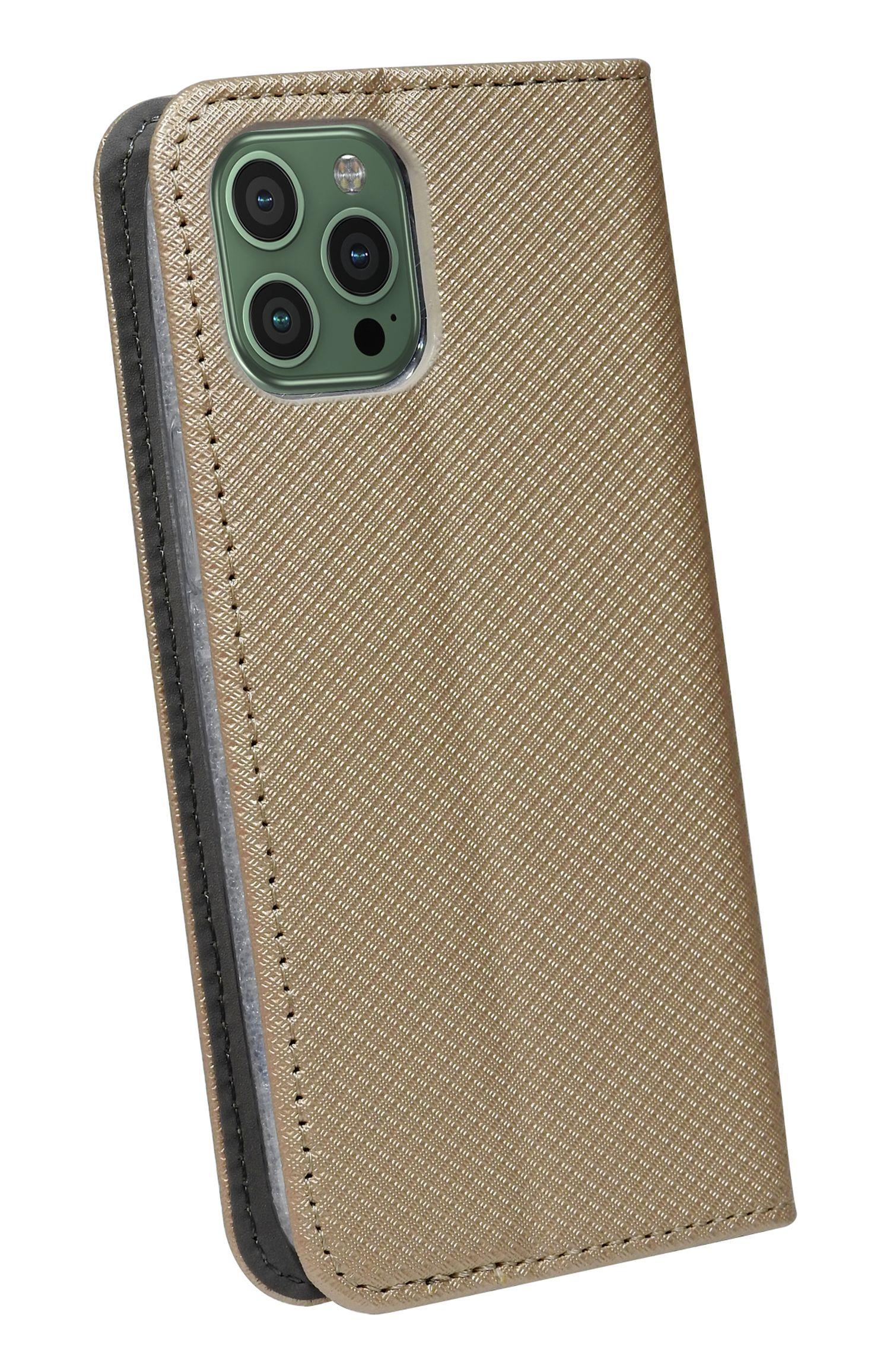 Goldenes Handycase mit iPhone. Zeigt ein strukturiertes Muster und die Kamera. Geschlossen, mit schwarzem Rand und Nähten.