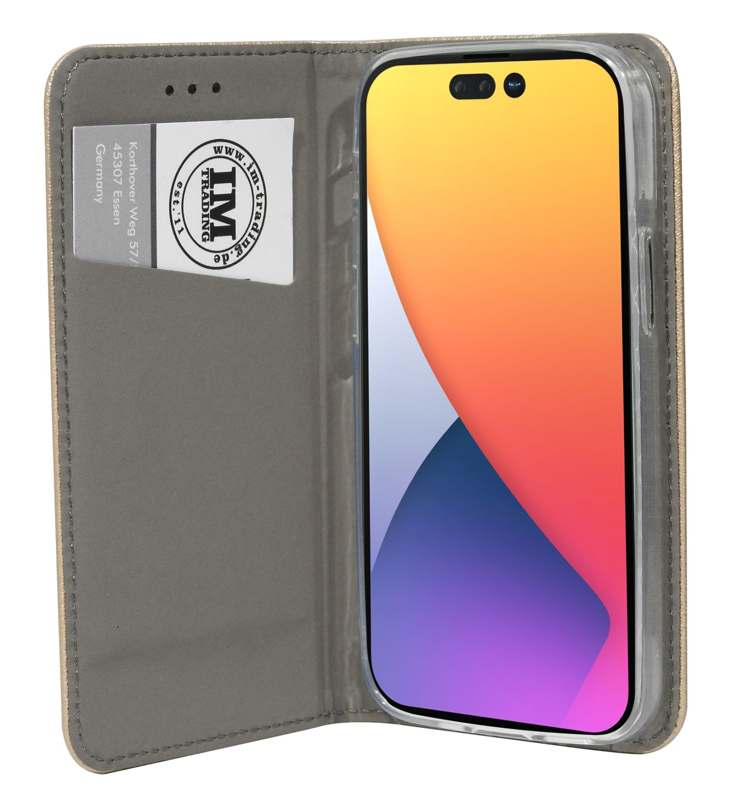 Ein Telefon in einer Brieftaschenhülle, der Bildschirm zeigt einen bunten Hintergrund, mit Kartensteckplatz.