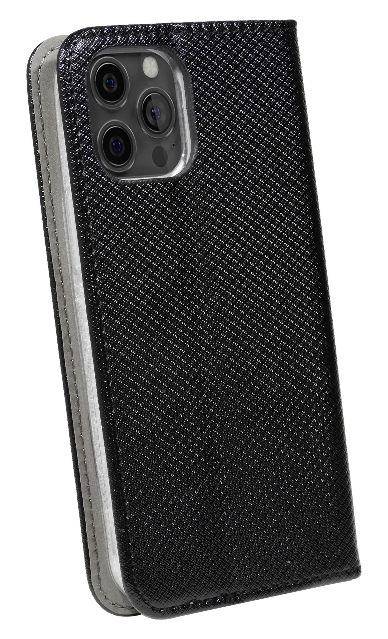 Eine beige Handyhülle mit einem Telefon darin, auf einem kabellosen Ladepad. Schwarzes Kabel.