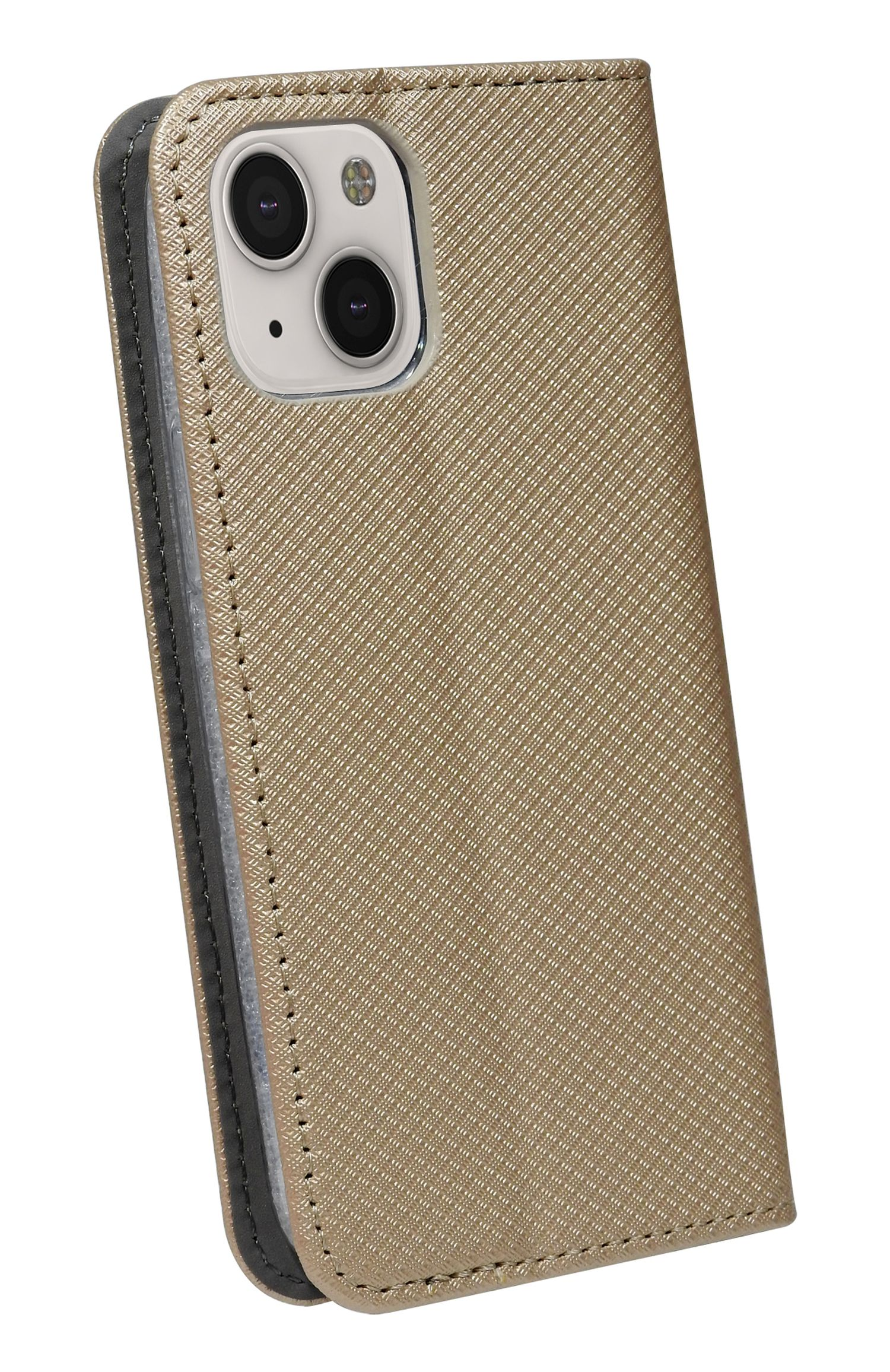 Goldene Handyhülle mit Telefon und Kameras sichtbar. Genähtes Design.
