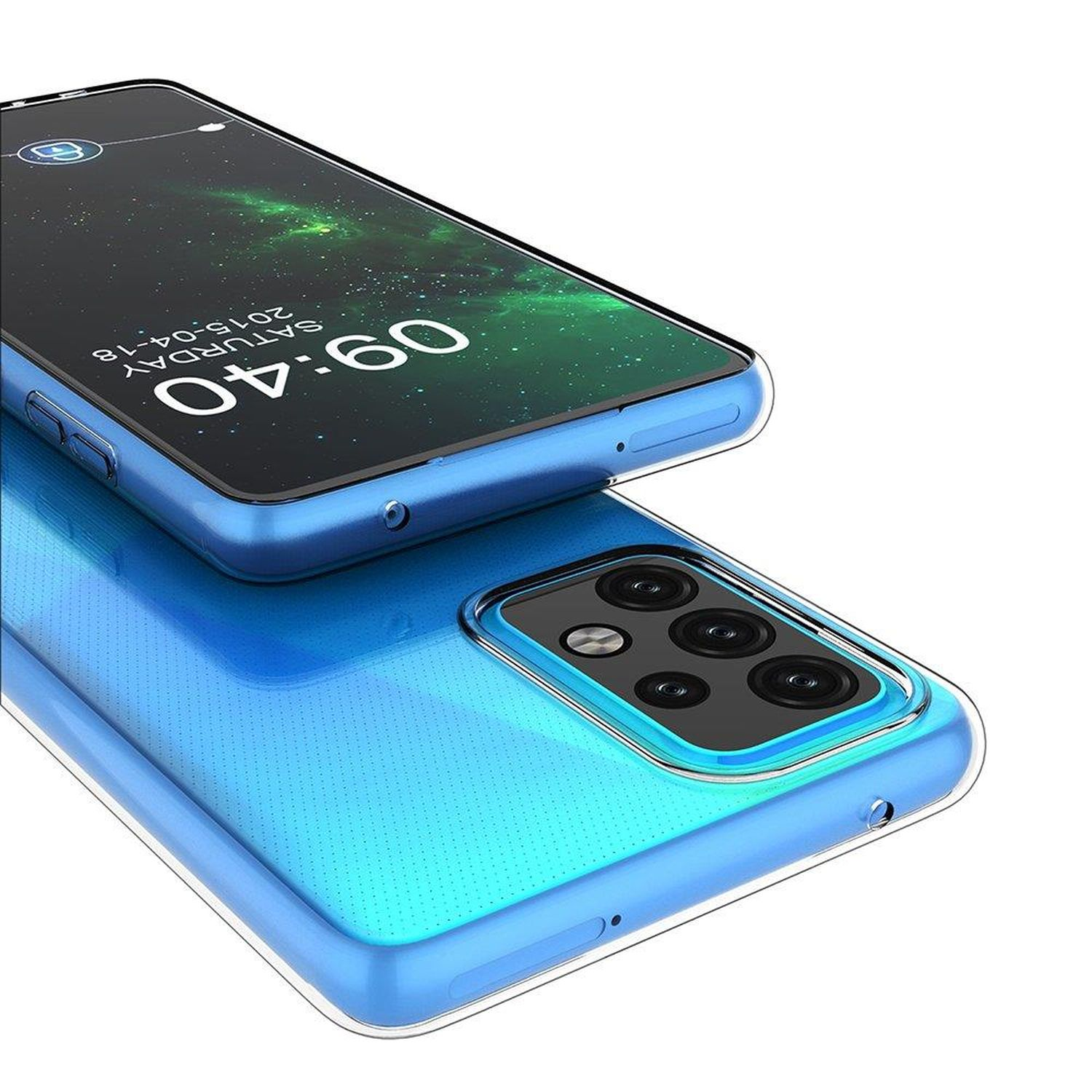 Blaue Handyhülle auf einem blauen Handy. Das Handy zeigt die Uhrzeit 09:60 und das Datum an.