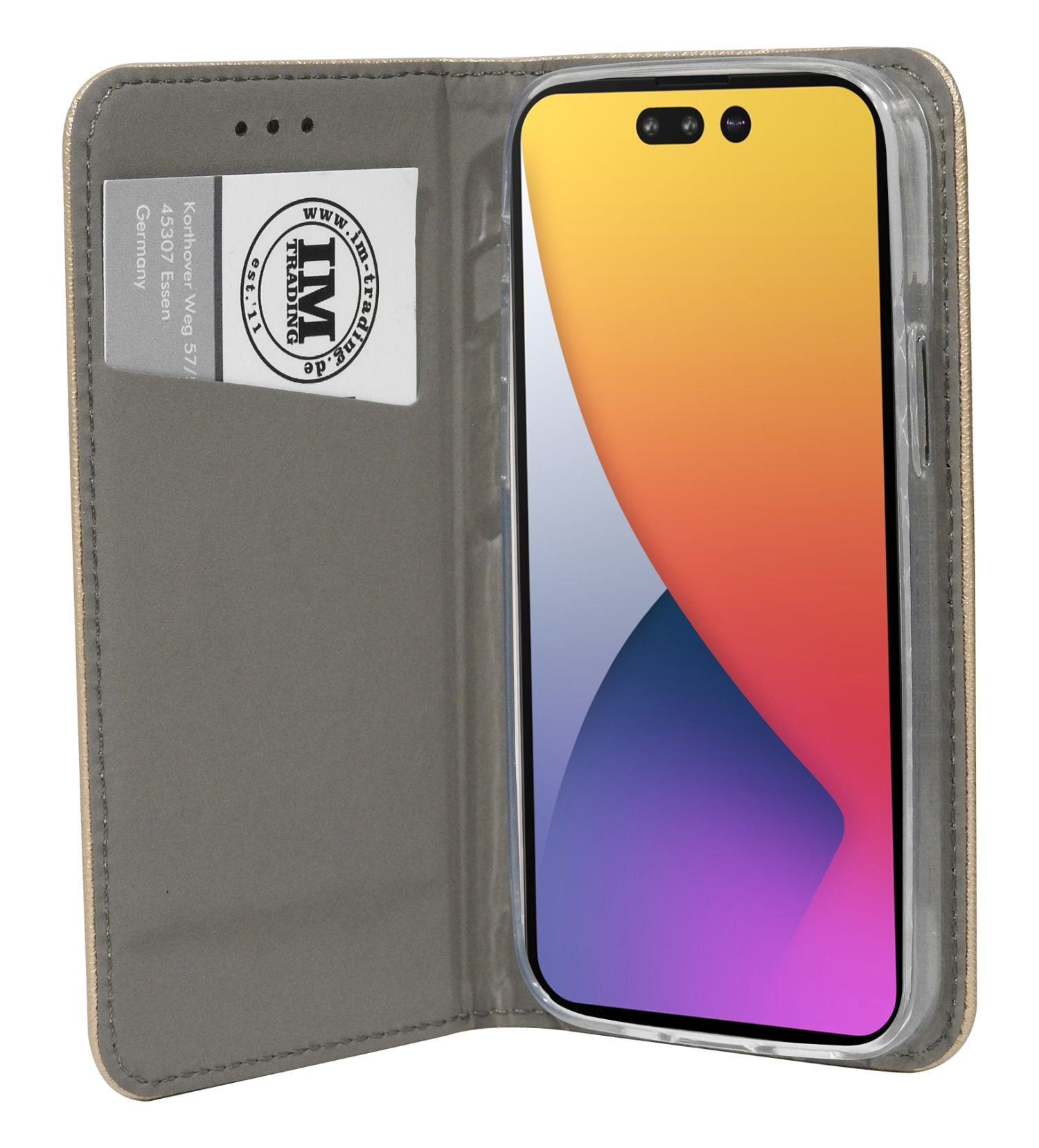 Ein Telefon befindet sich in einem Etui mit Kartenfach. Das Telefon hat ein farbenfrohes Gradienten-Display.