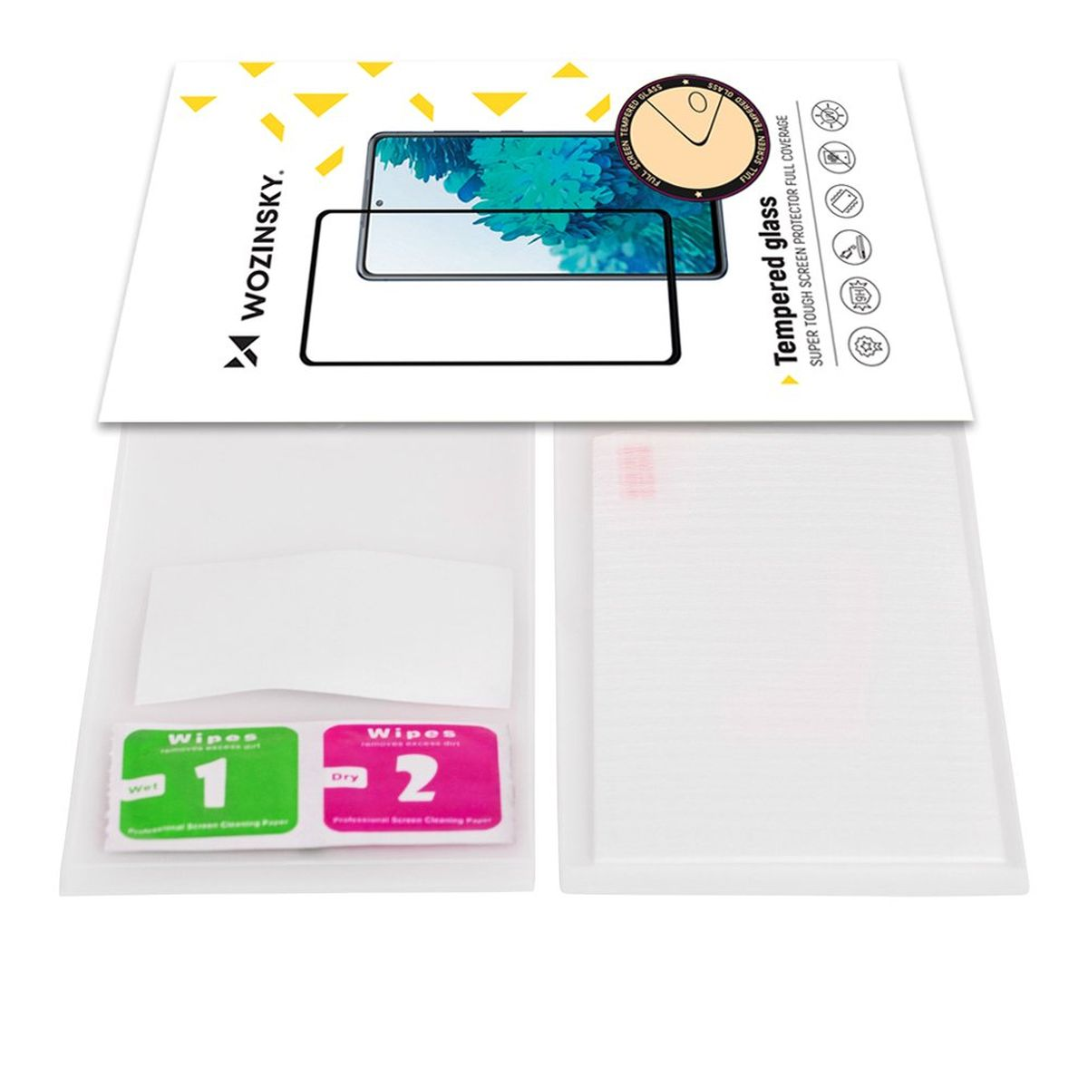 Ein Telefon mit Displayschutz-Kit, einschließlich Displayschutz, Tüchern und Verpackung.
