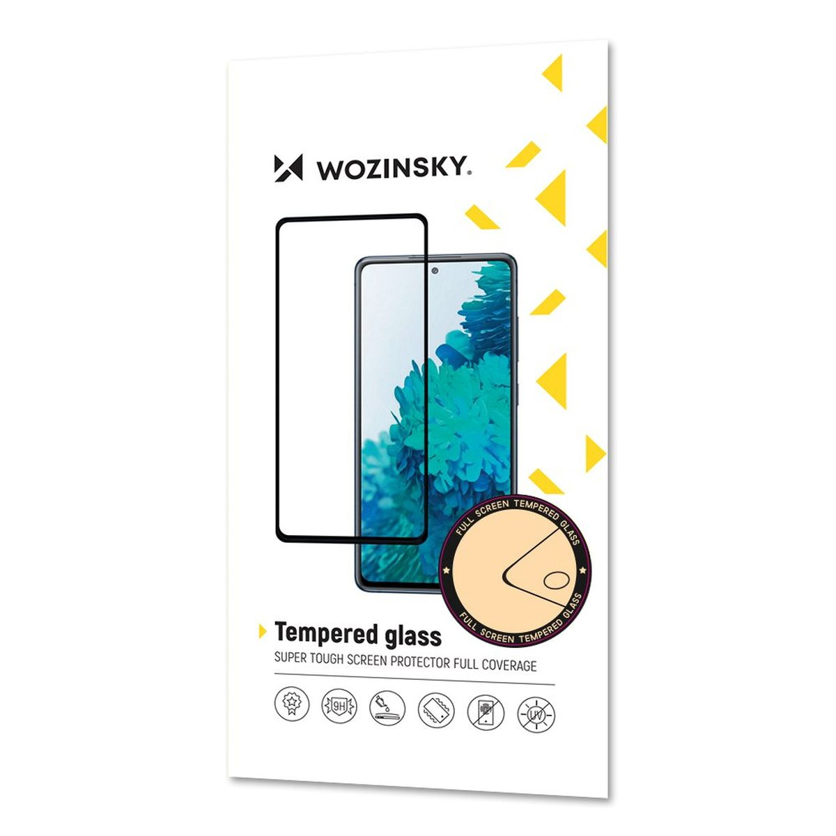 Eine Smartphone-Displayschutzfolienverpackung. Das Paket enthält einen Glasschutz und ein Telefonbild.