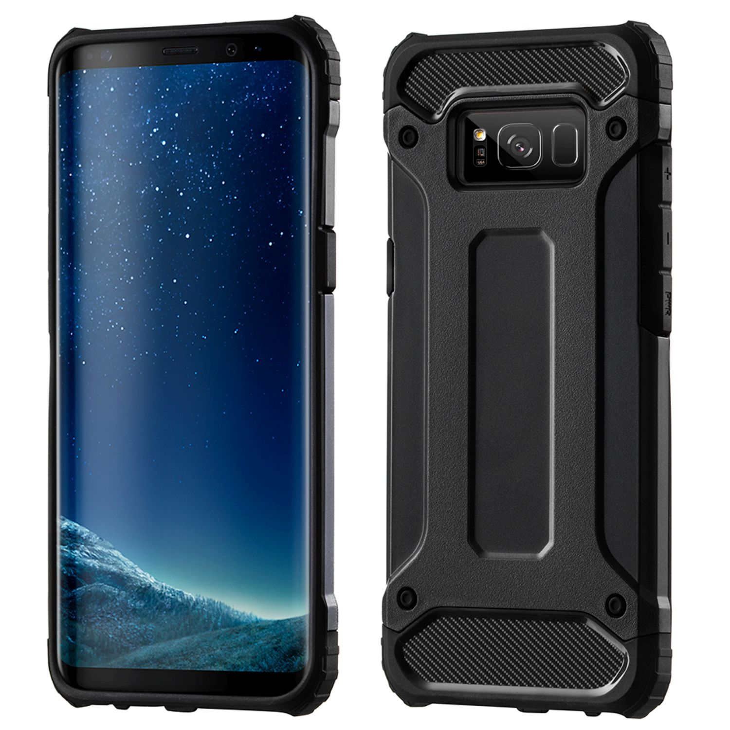 Telefono nero in una custodia protettiva nera, che mostra una scena di cielo notturno sullo schermo.