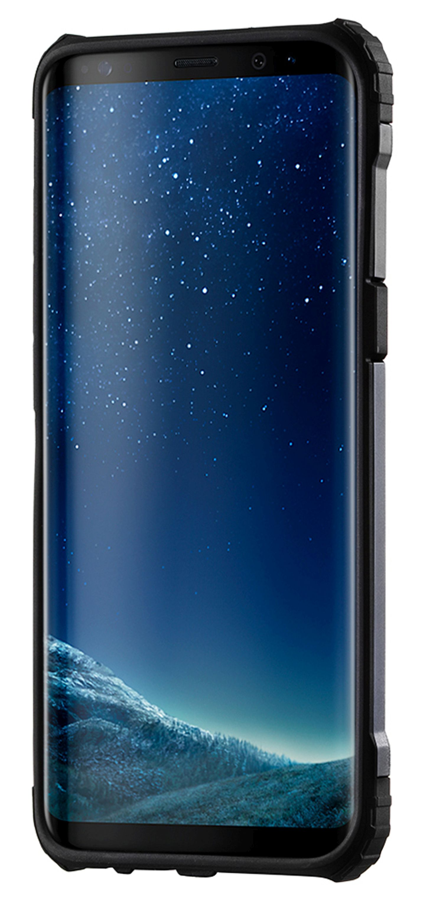 Uno smartphone con uno schermo che mostra una notte stellata, in una custodia protettiva.
