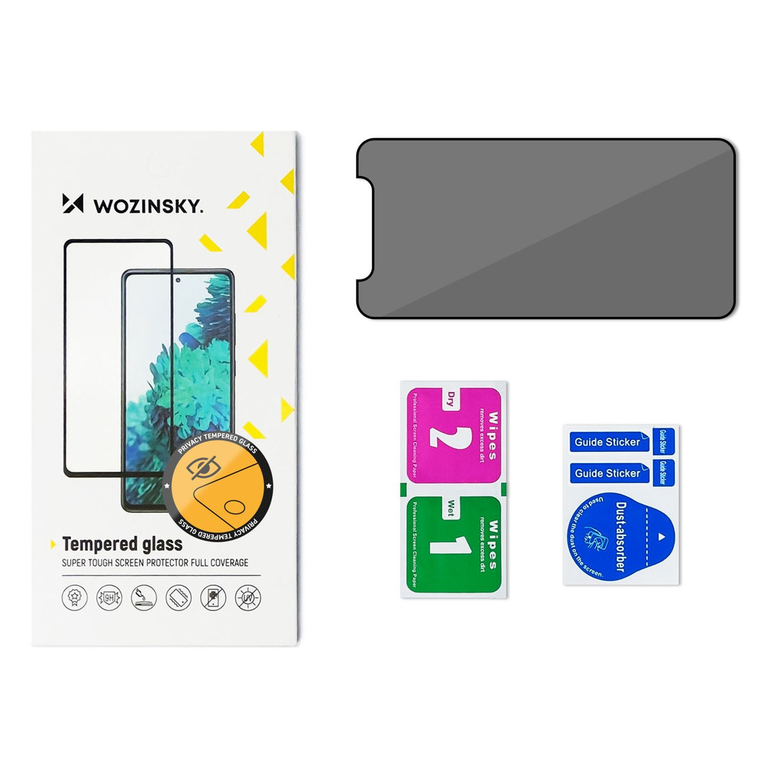 Tempered-Glas-Displayschutzfolien-Set mit Tüchern und Führungsaufklebern auf weißem Hintergrund.