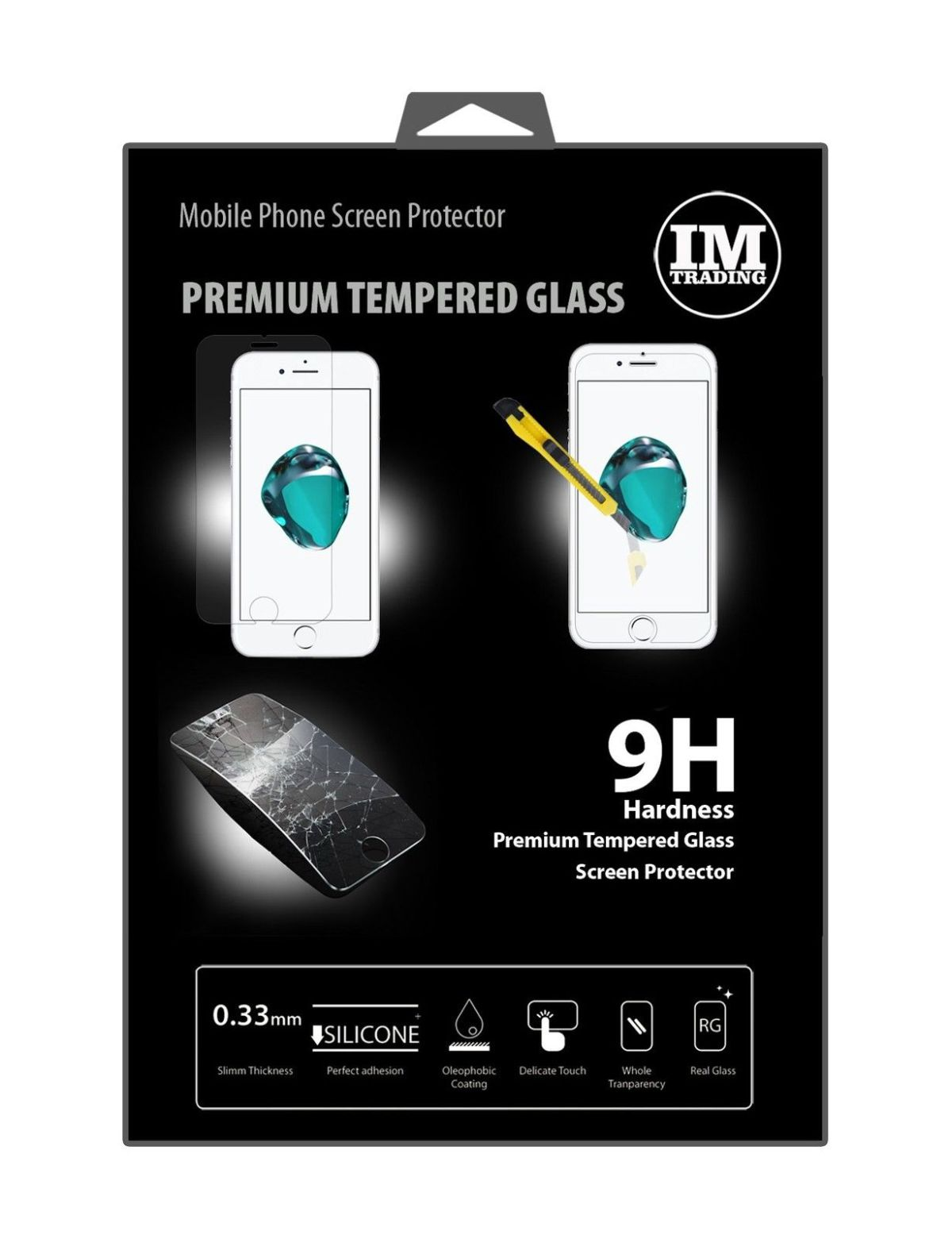 Eine schwarze Displayschutzfolienverpackung mit einem Telefonbild, einem zerbrochenen Schutz und einem gelben Cutter.
