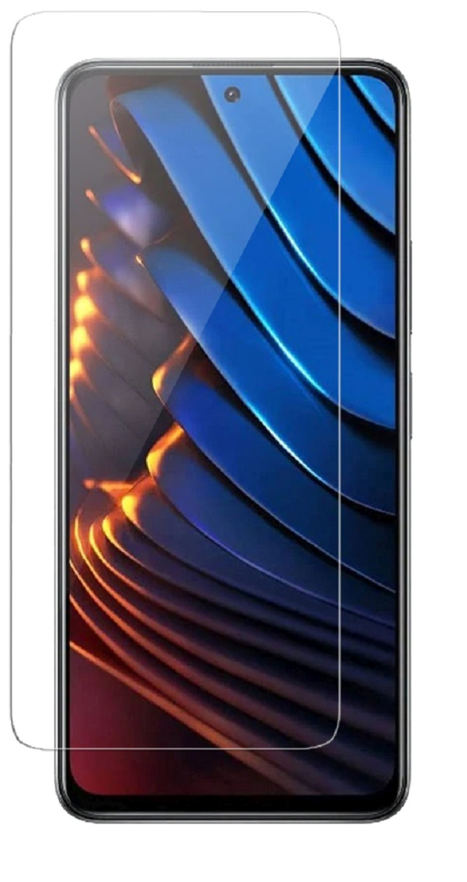 Smartphone mit angebrachter Displayschutzfolie. Der Bildschirm zeigt ein blaues und schwarzes Muster.