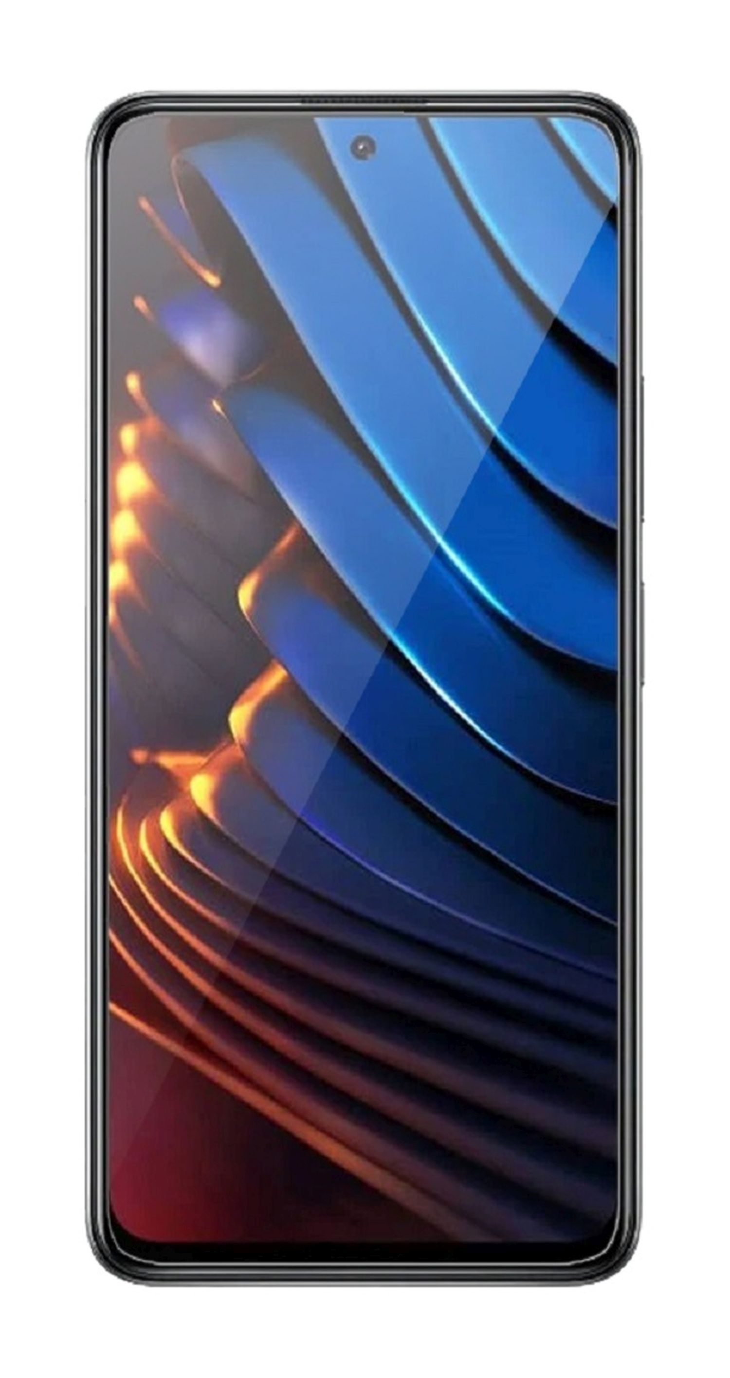 Schwarzes Smartphone mit blau-schwarzem, abstraktem Hintergrund auf dem Bildschirm.