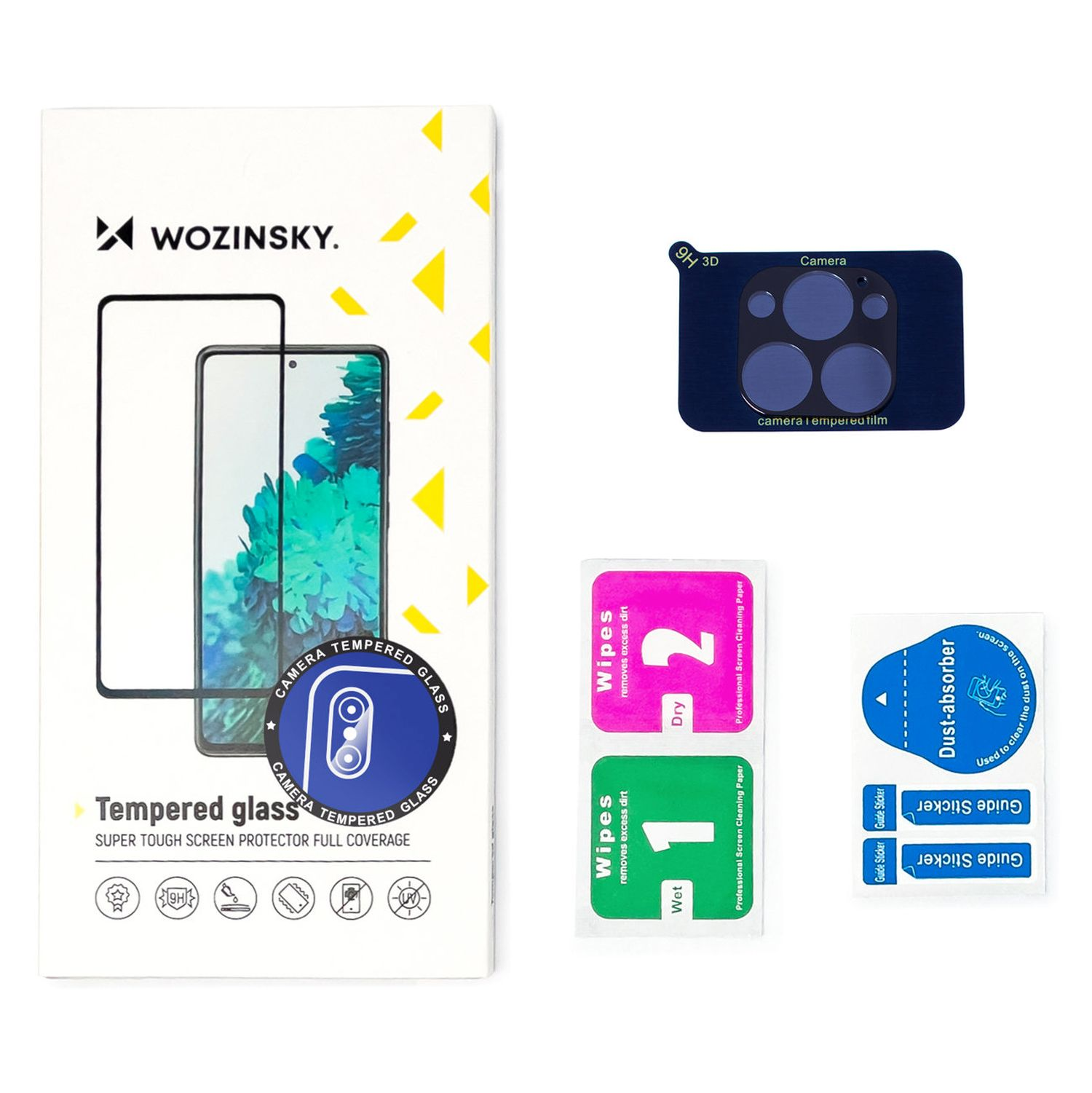 Ein Displayschutz-Kit, einschließlich gehärtetem Glas, Tüchern und Aufklebern.