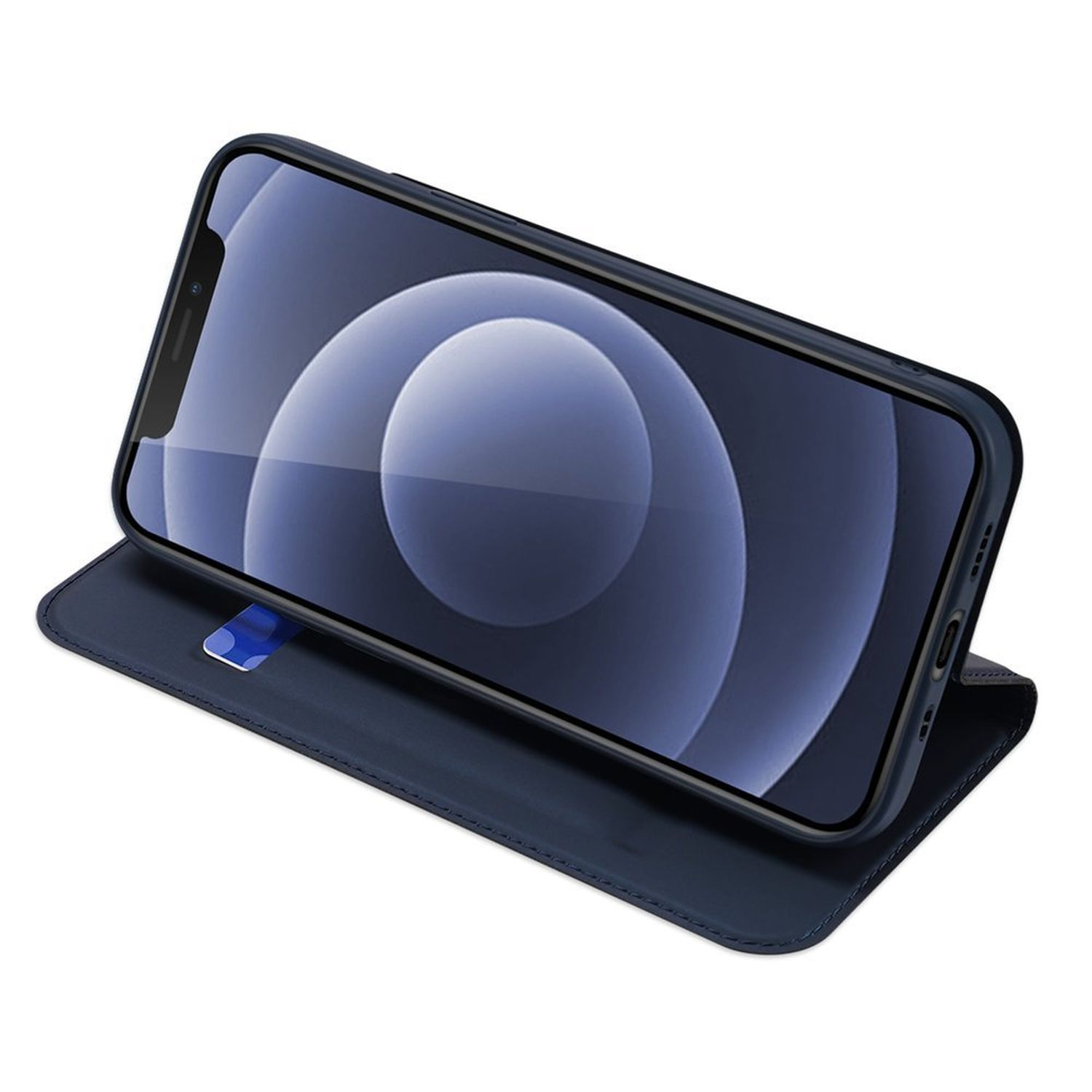 Eine blaue Handyhülle mit Telefon, das den Bildschirm zeigt, auf weißem Grund.