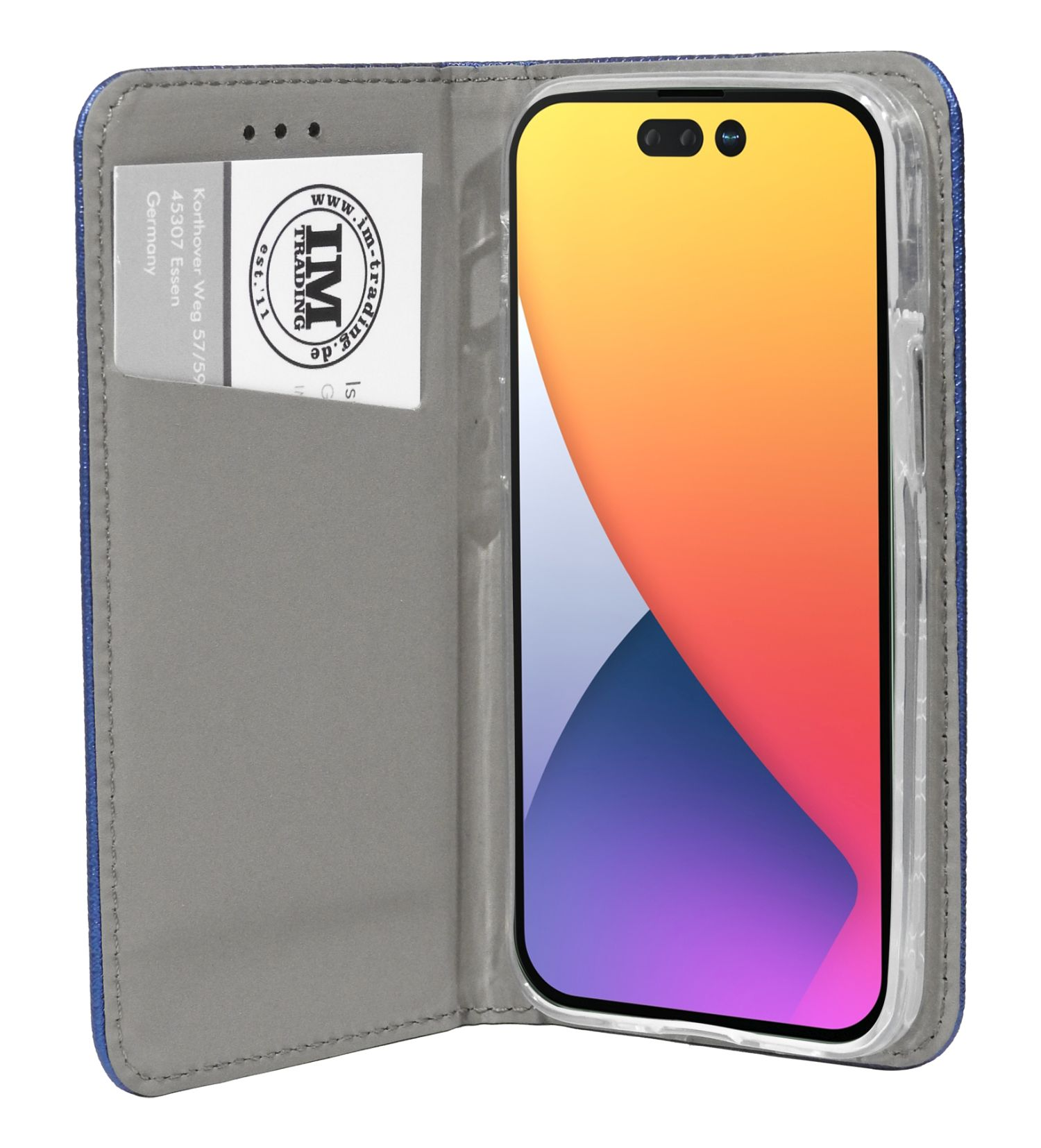 Blaue Handyhülle mit Telefon und zwei Karten. Der Bildschirm des Telefons ist sichtbar.