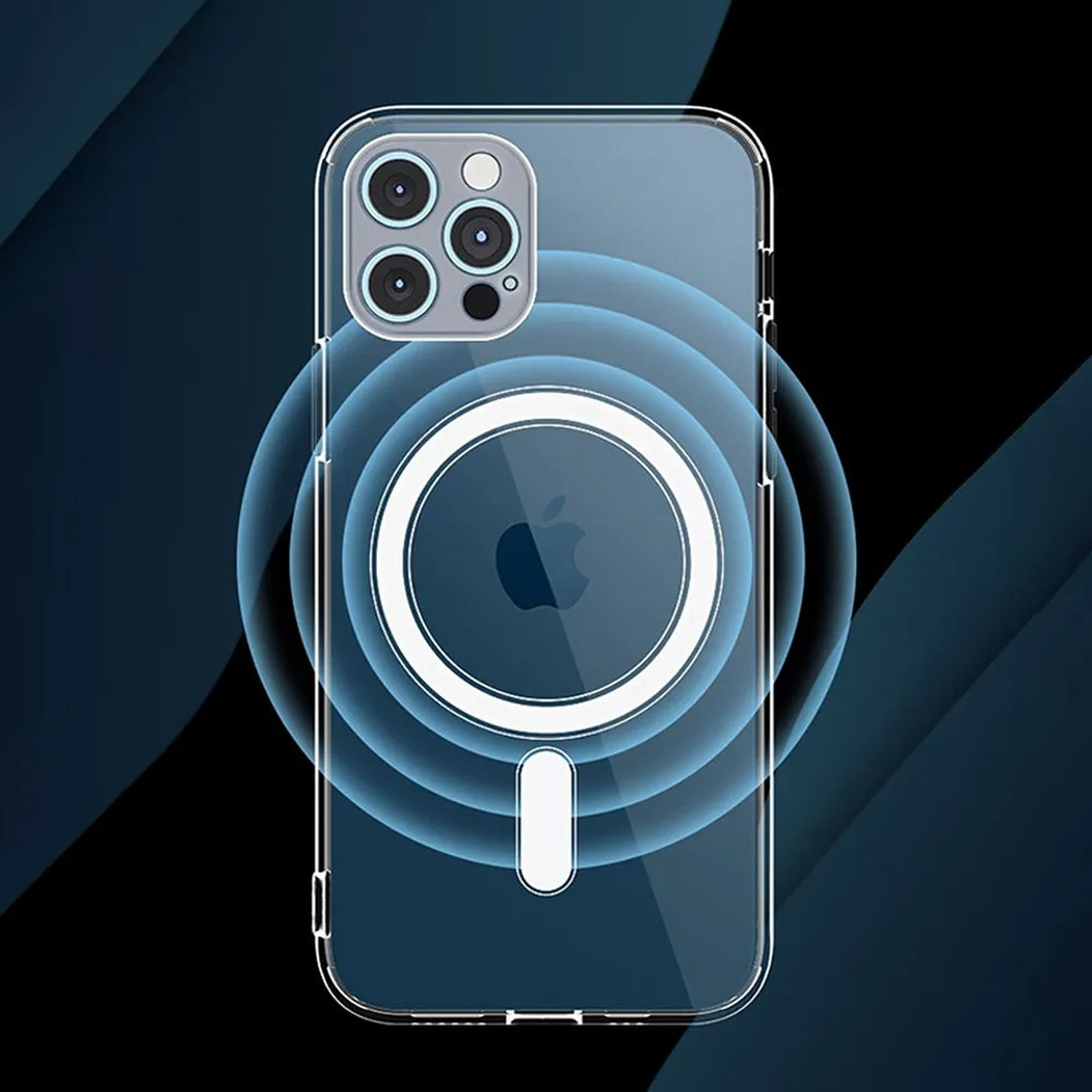 Telefono in custodia trasparente con design a cerchio di ricarica magnetica. Effetto luce blu.
