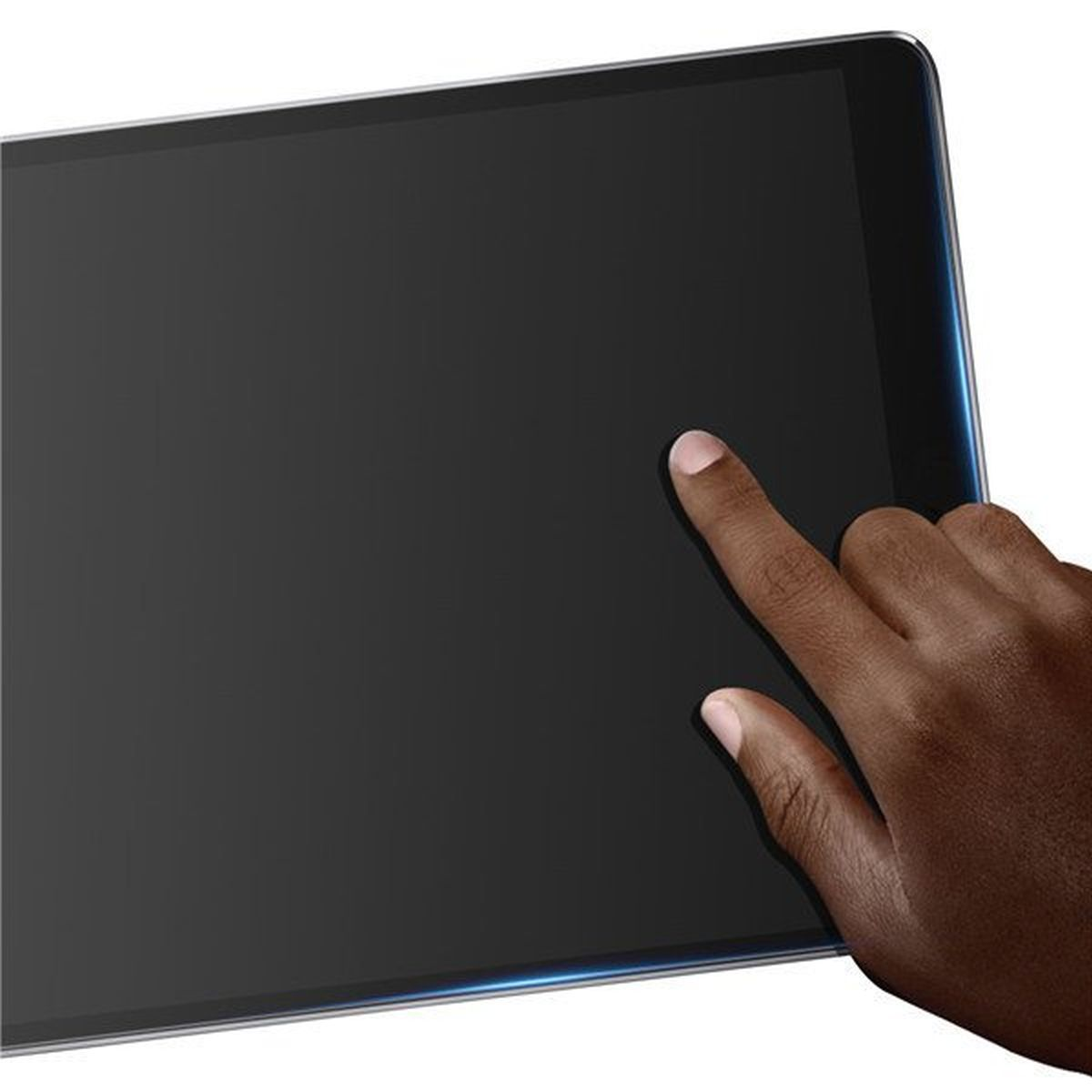 Eine Hand berührt einen Tablet-Bildschirm, der Bildschirm ist schwarz.
