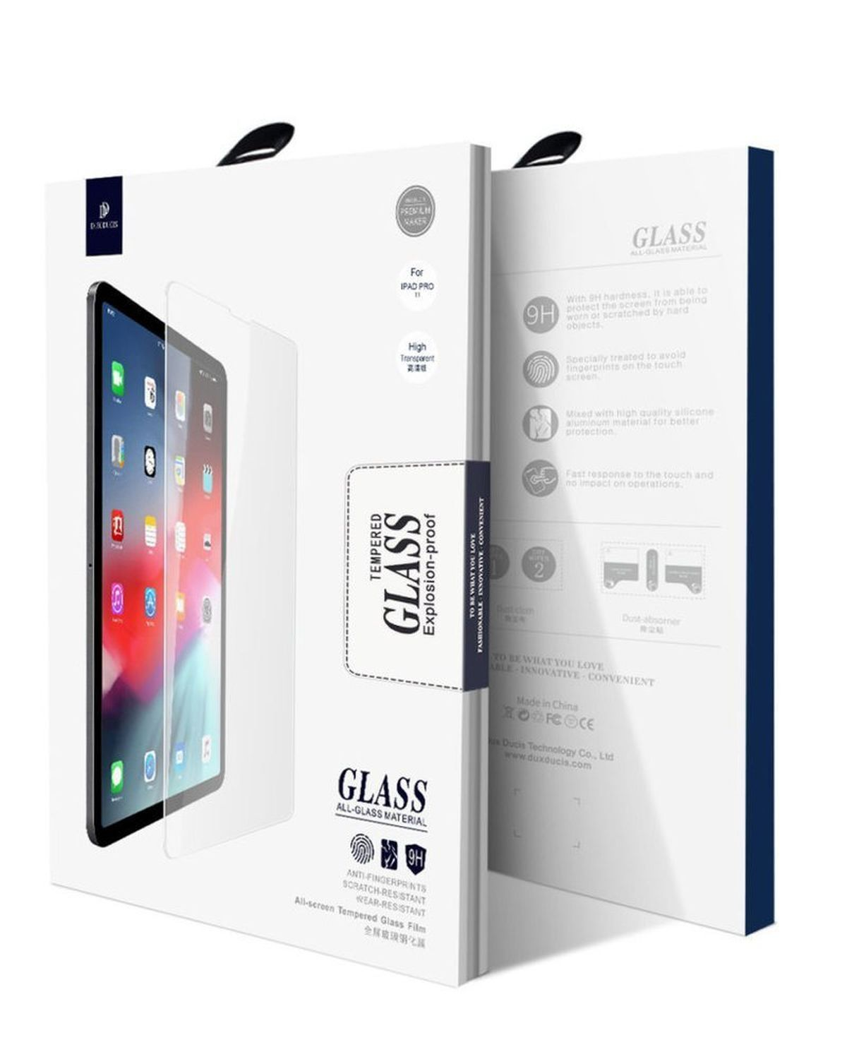 Weiß-blaue Displayschutzfolienbox aus gehärtetem Glas mit Tablet und Glas.
