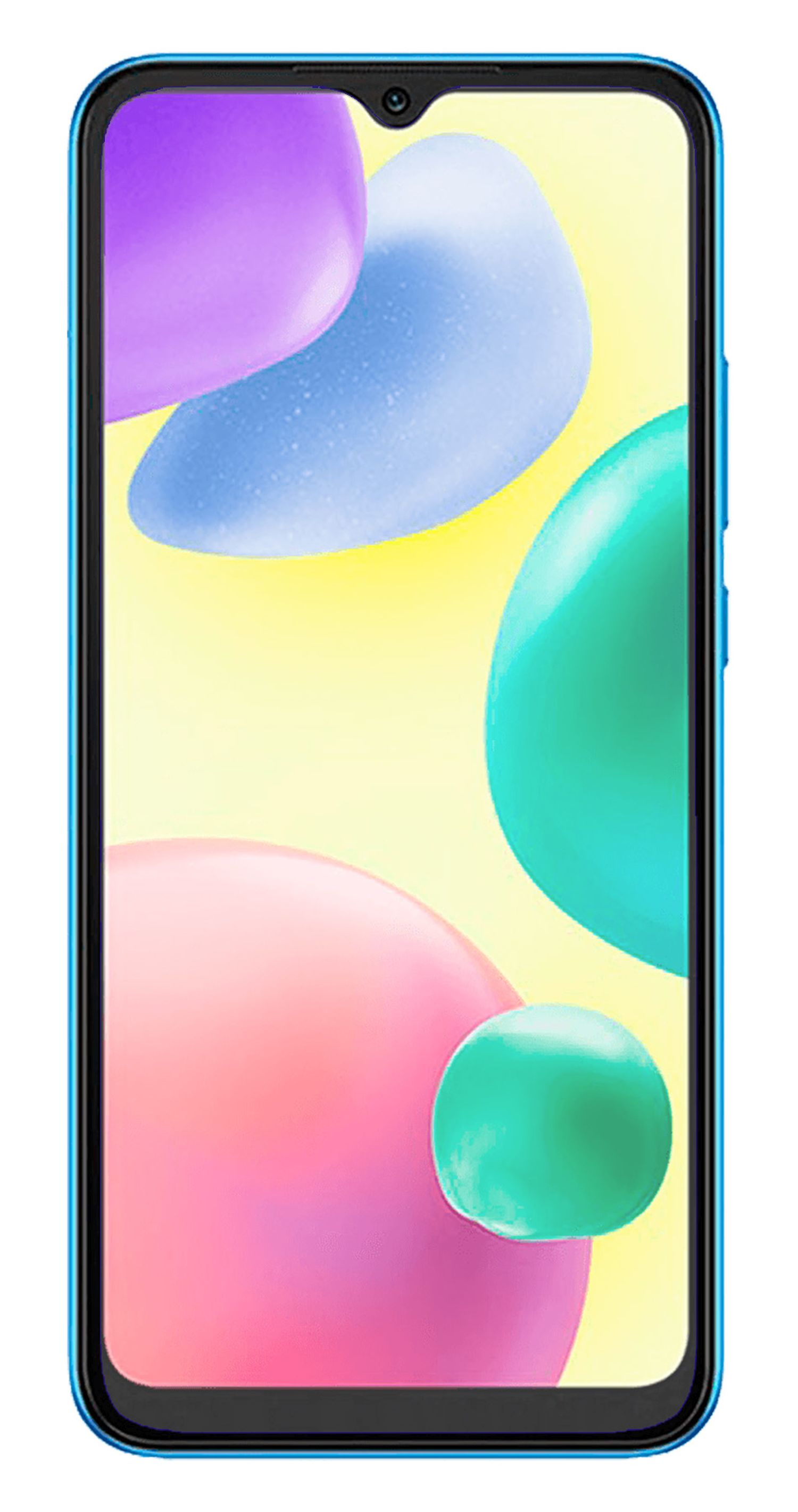 Blaues Telefon mit bunten abstrakten Formen auf dem Bildschirm.