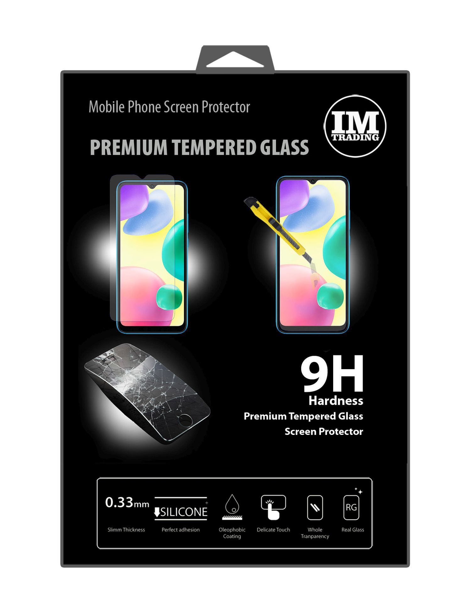 Verpackung für Handyschutzfolie, mit Telefonbildern und Funktionssymbolen auf schwarzem Hintergrund.