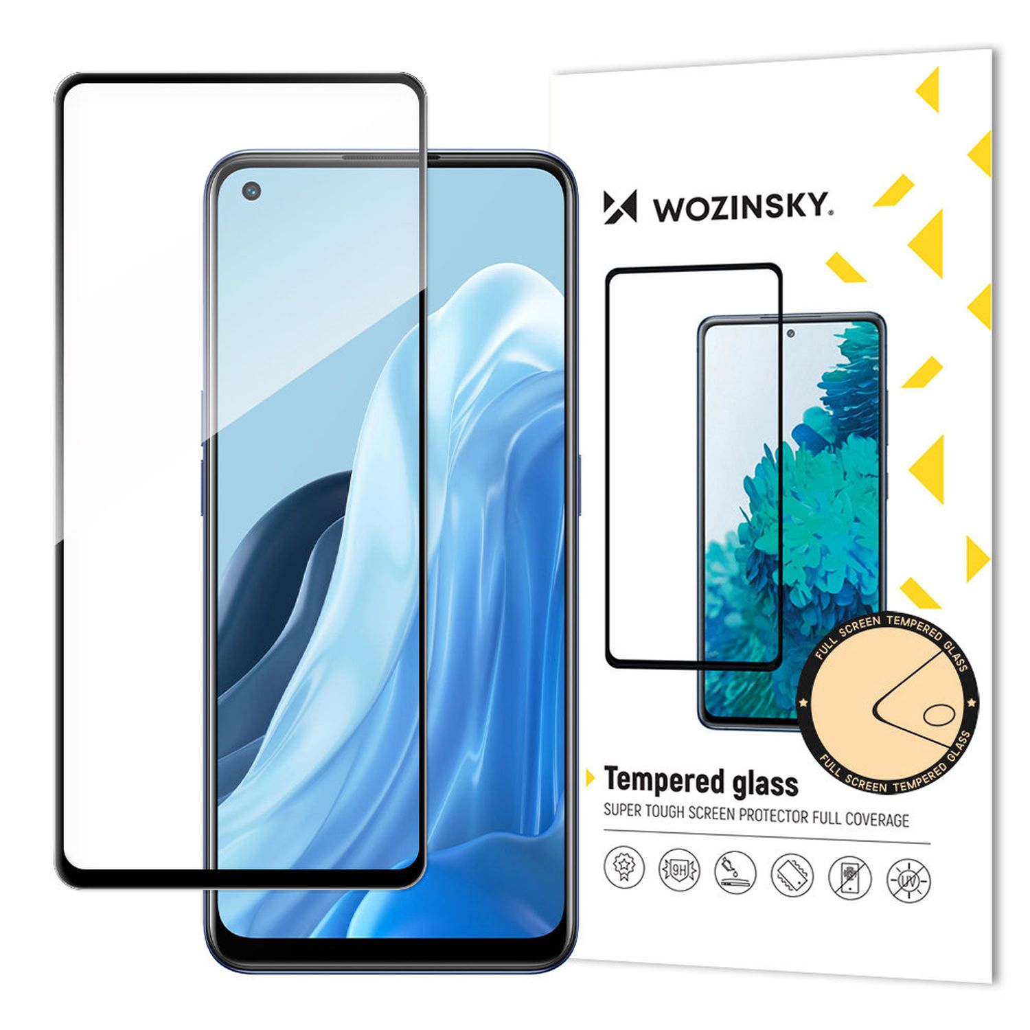 Ein Telefon mit Displayschutzfolie und eine Box mit dem Markennamen. Das Telefon hat einen blauen Rahmen.
