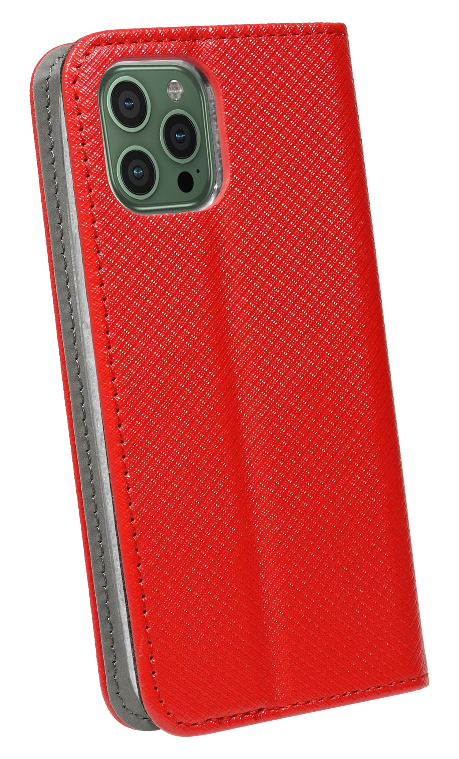 Rote Handyhülle mit Wallet-Design, das Handy und die Hülle zeigend.