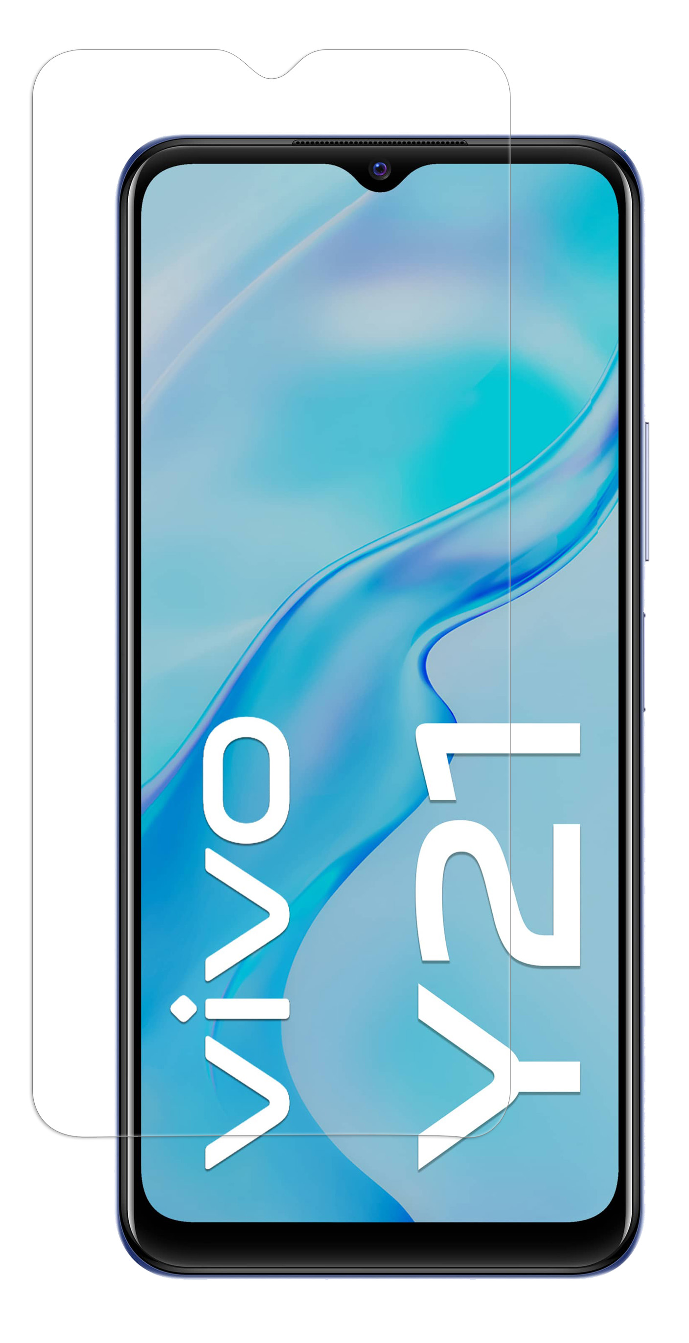 Smartphone mit Displayschutz. Telefon zeigt blauen Hintergrund, weißen Text.
