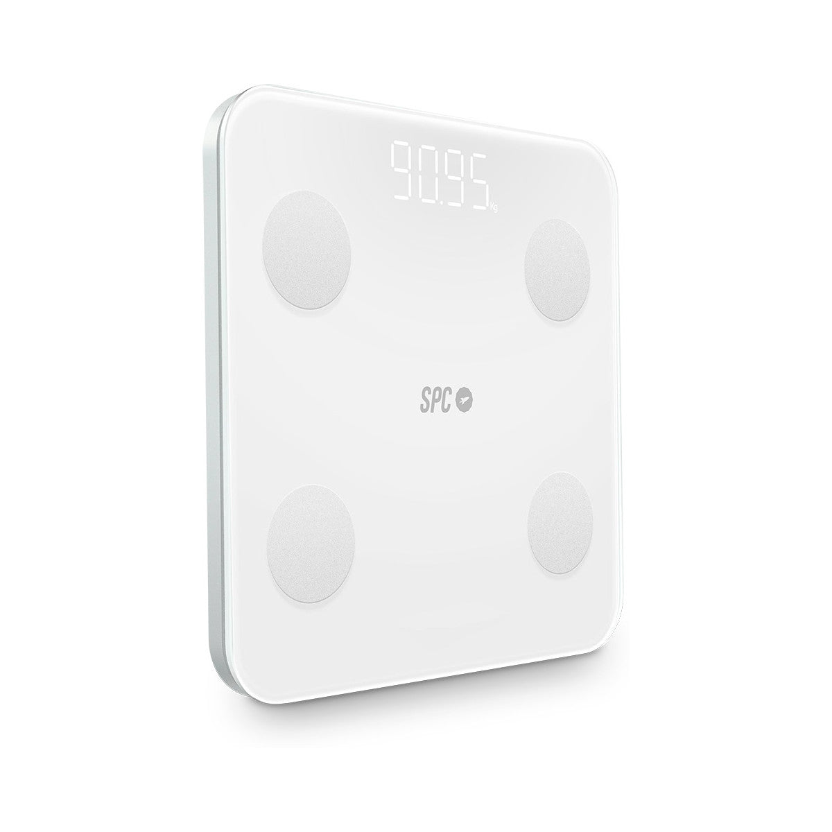 Biała waga cyfrowa wyświetlająca '90.95' z czterema okrągłymi czujnikami i logo 'SPC'.