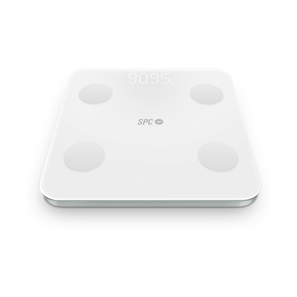 Biała cyfrowa waga łazienkowa z czterema okrągłymi podkładkami i wyświetlaną liczbą 90,95.