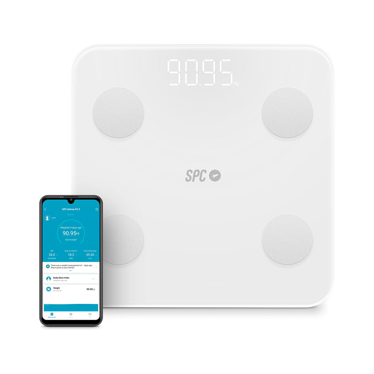 Biała inteligentna waga z telefonem pokazującym dane dotyczące wagi. Waga pokazuje wagę 90,95 kg.