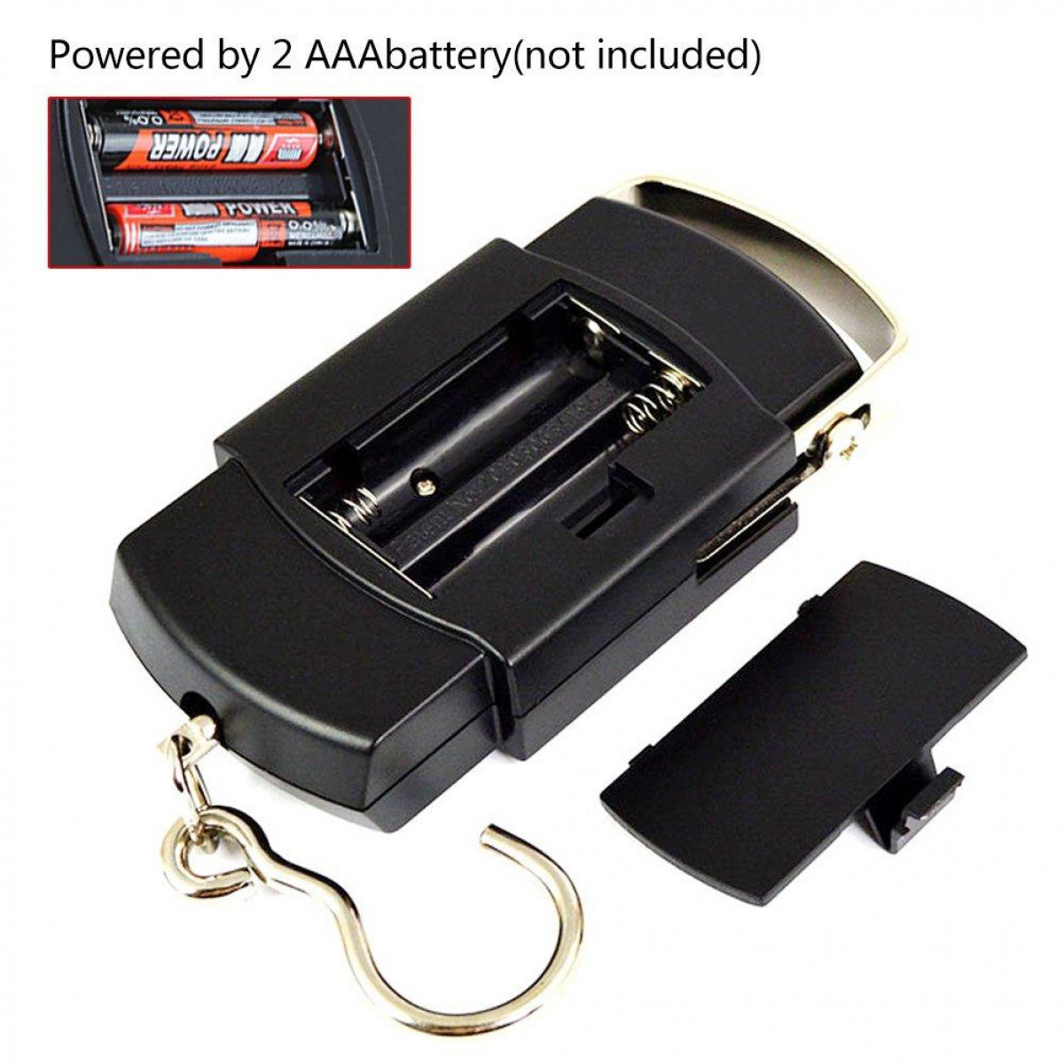 Czarna waga wisząca z otwartą komorą baterii. Widoczne dwie baterie AAA.