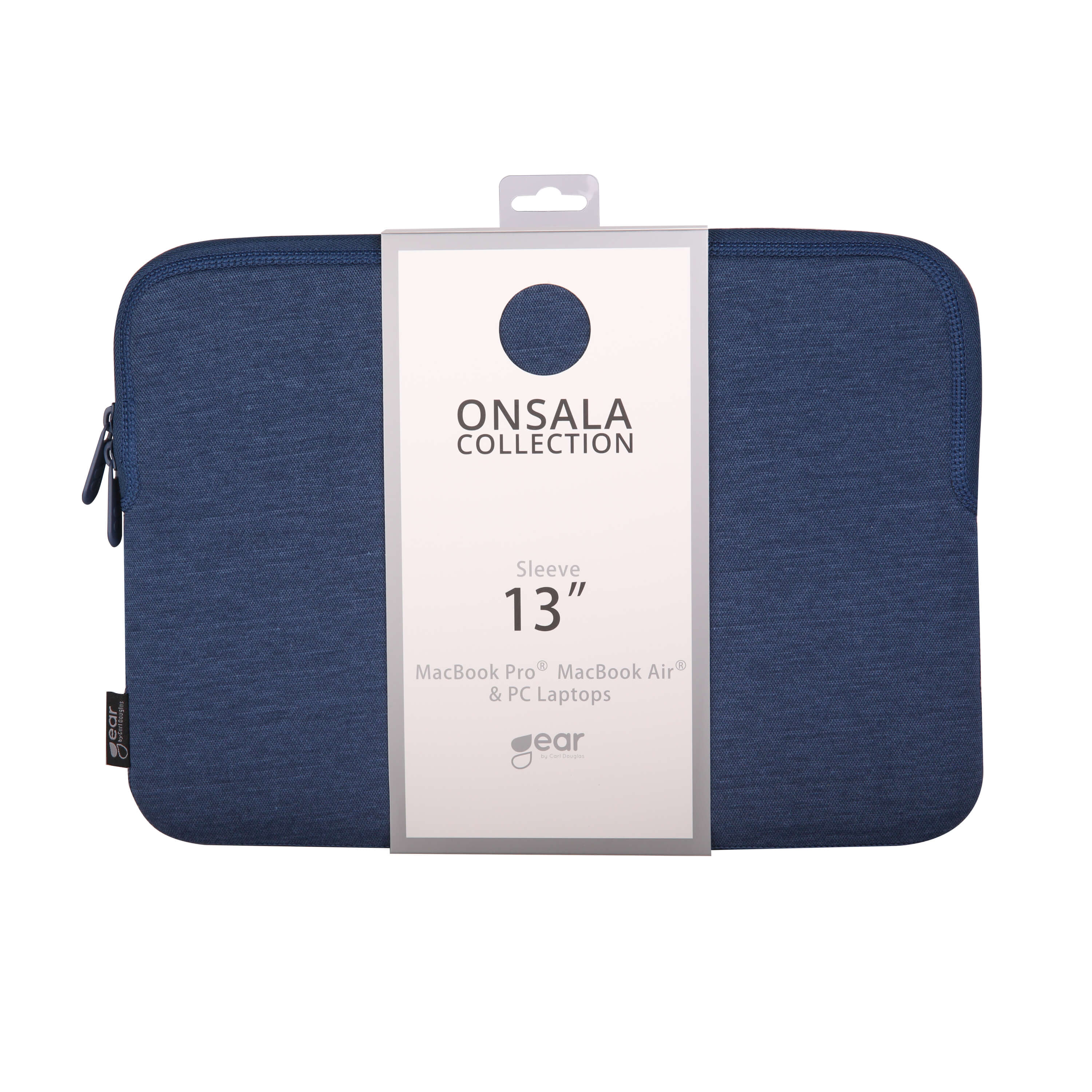 Una custodia blu per laptop con un'etichetta bianca. L'etichetta dice 'ONSALA COLLECTION' e 'Sleeve 13"'.