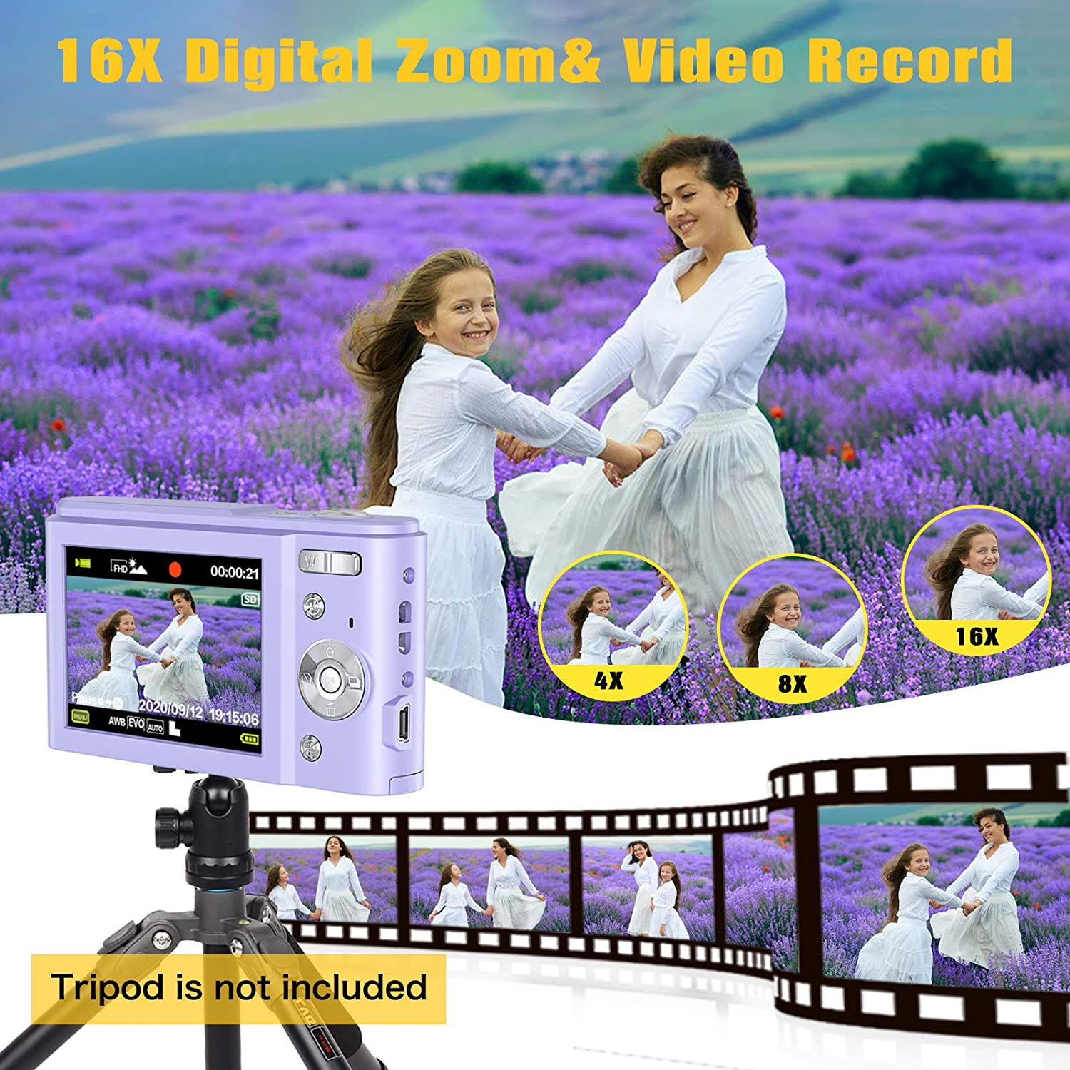 INF Digitalkamera 16-facher Digitalkamera lila / Zoom / 48 Megapixel 1080P